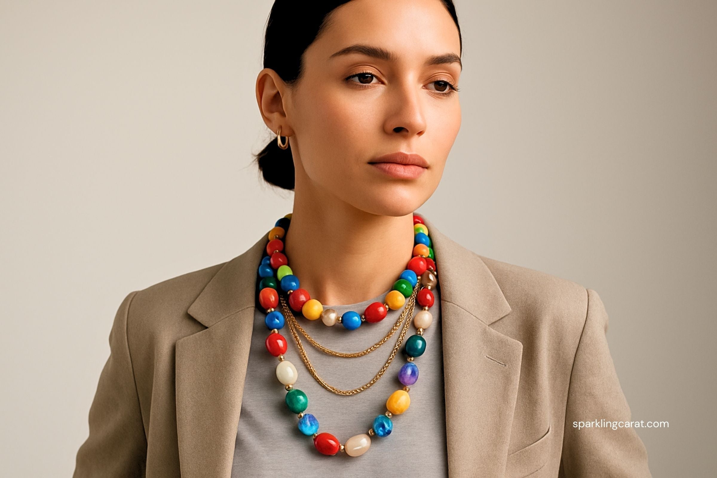 Oversized colorful bead necklace styled with a casual white shirt.