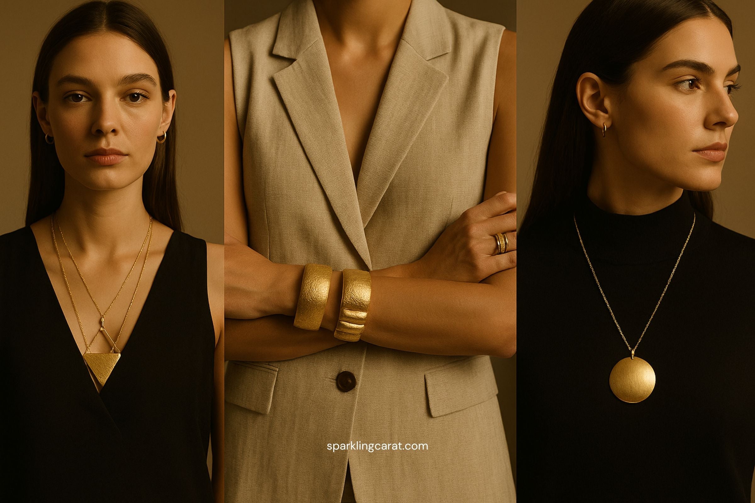 Three 1970s-inspired bold jewelry looks: geometric pendant layering, textured gold cuffs, brushed gold medallion necklace.
