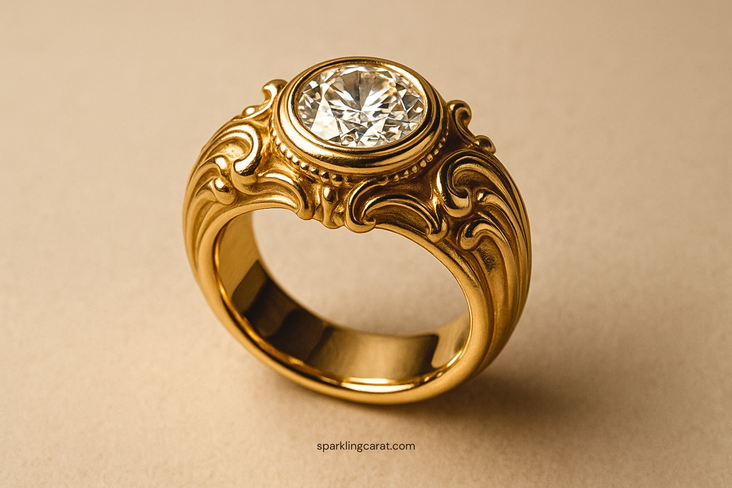 A chunky sculptural engagement ring in yellow gold with a bold gemstone, inspired by Victorian-era design.