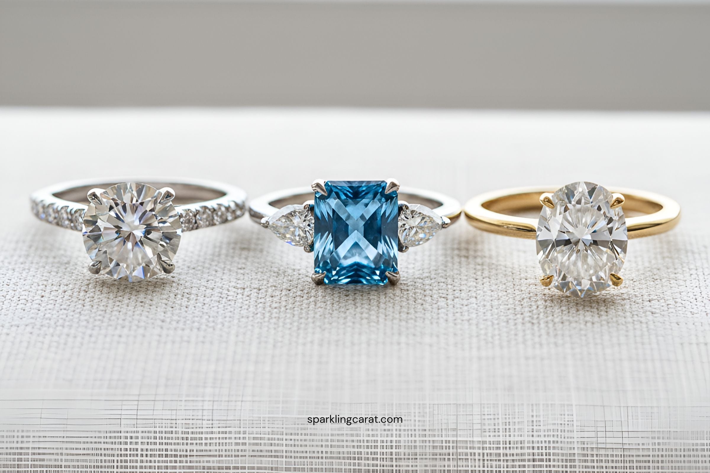 Hidden halo, colored diamond, and oval solitaire engagement rings representing bridal jewelry trends for 2025.