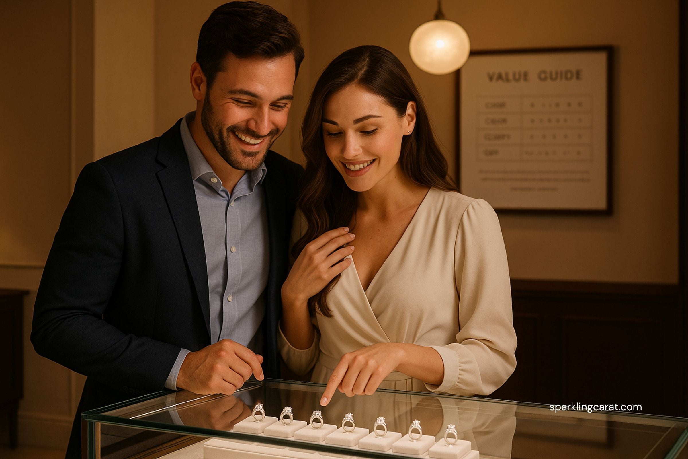 A couple browsing engagement rings with a focus on budgeting and diamond choices.