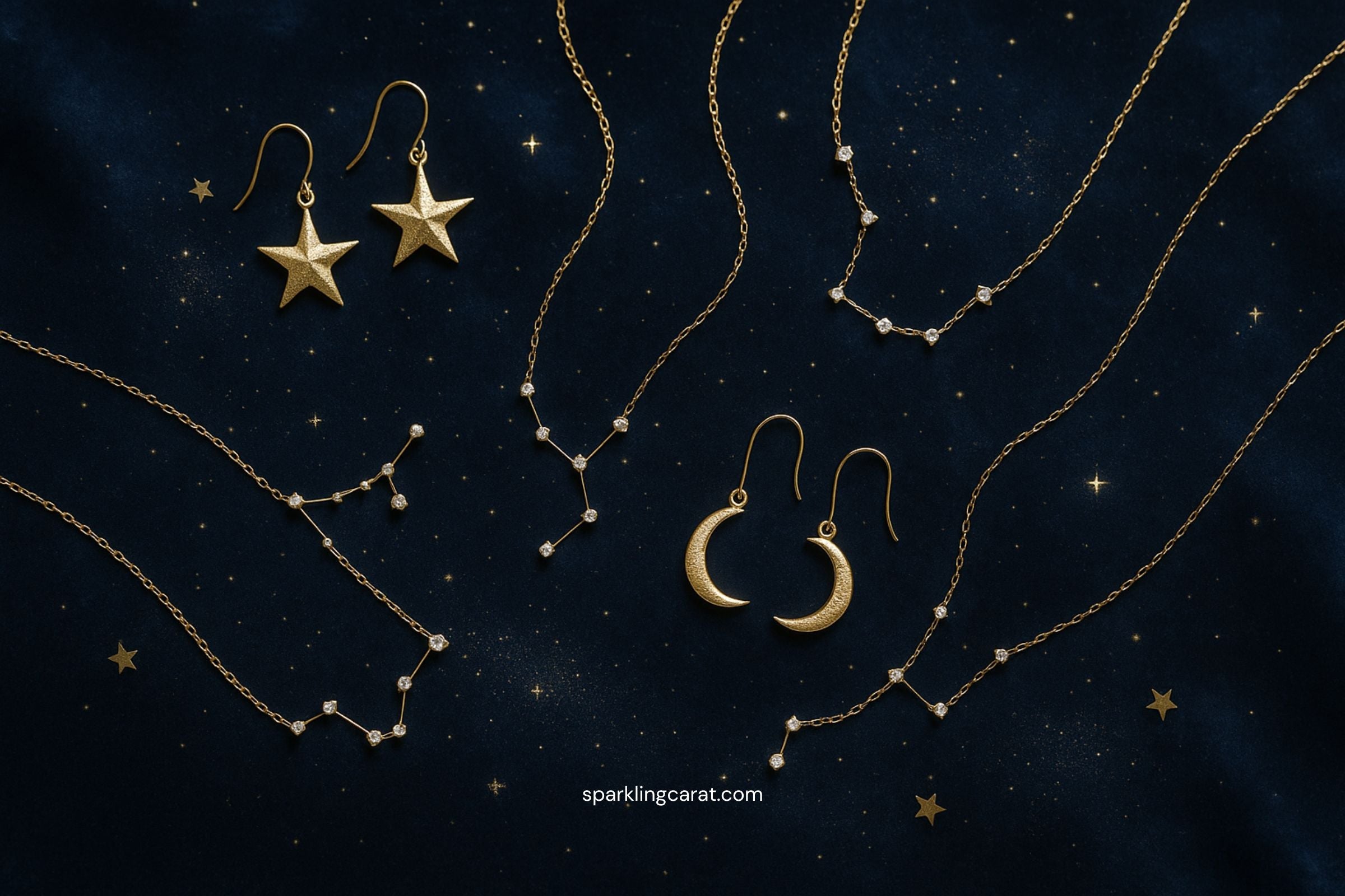Celestial jewelry including gold moon earrings, star rings, and constellation necklaces styled on a dark starry fabric.