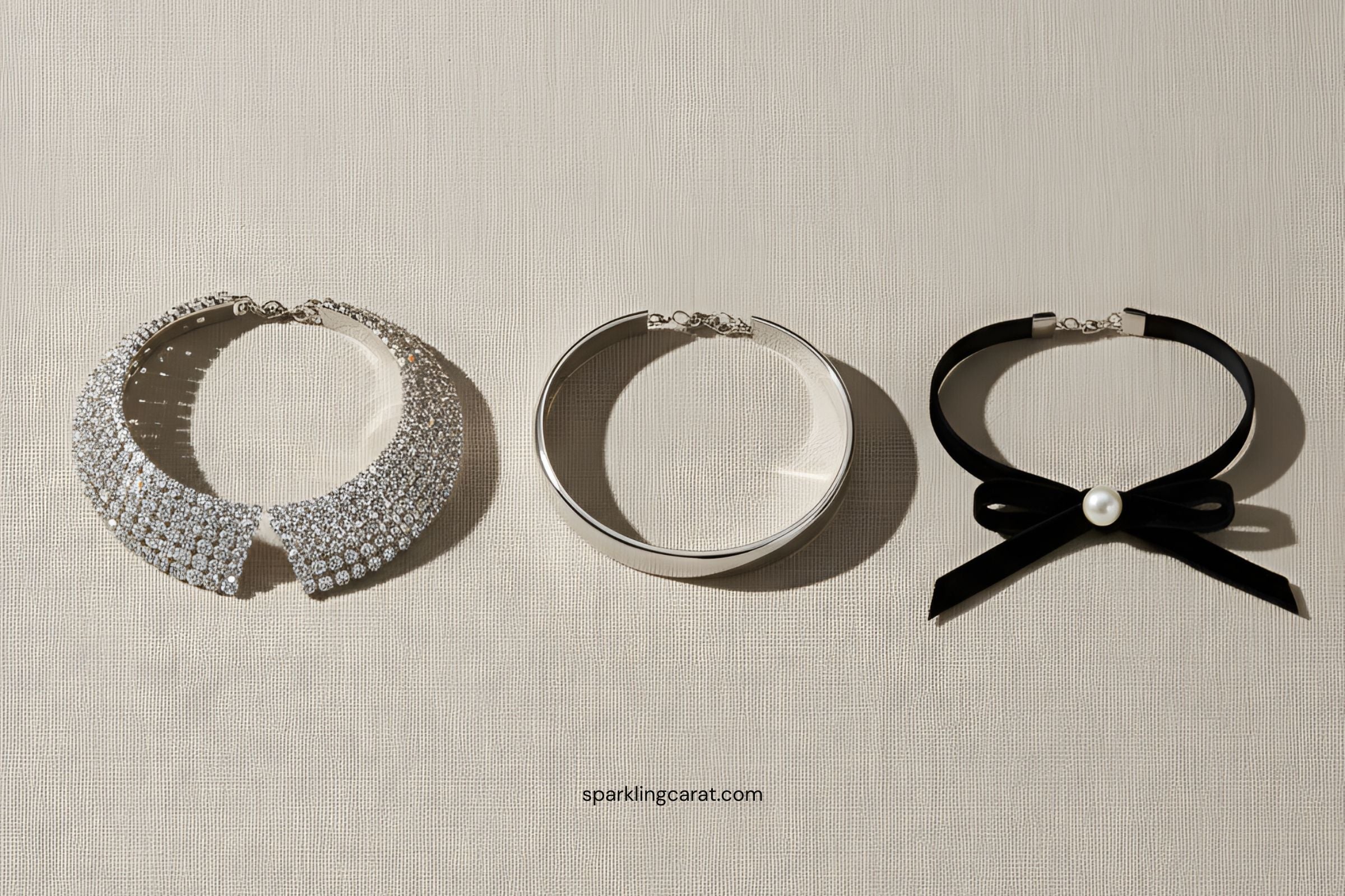 Diamond choker, minimalist metal choker, and velvet ribbon choker showing 2025 jewelry trend.