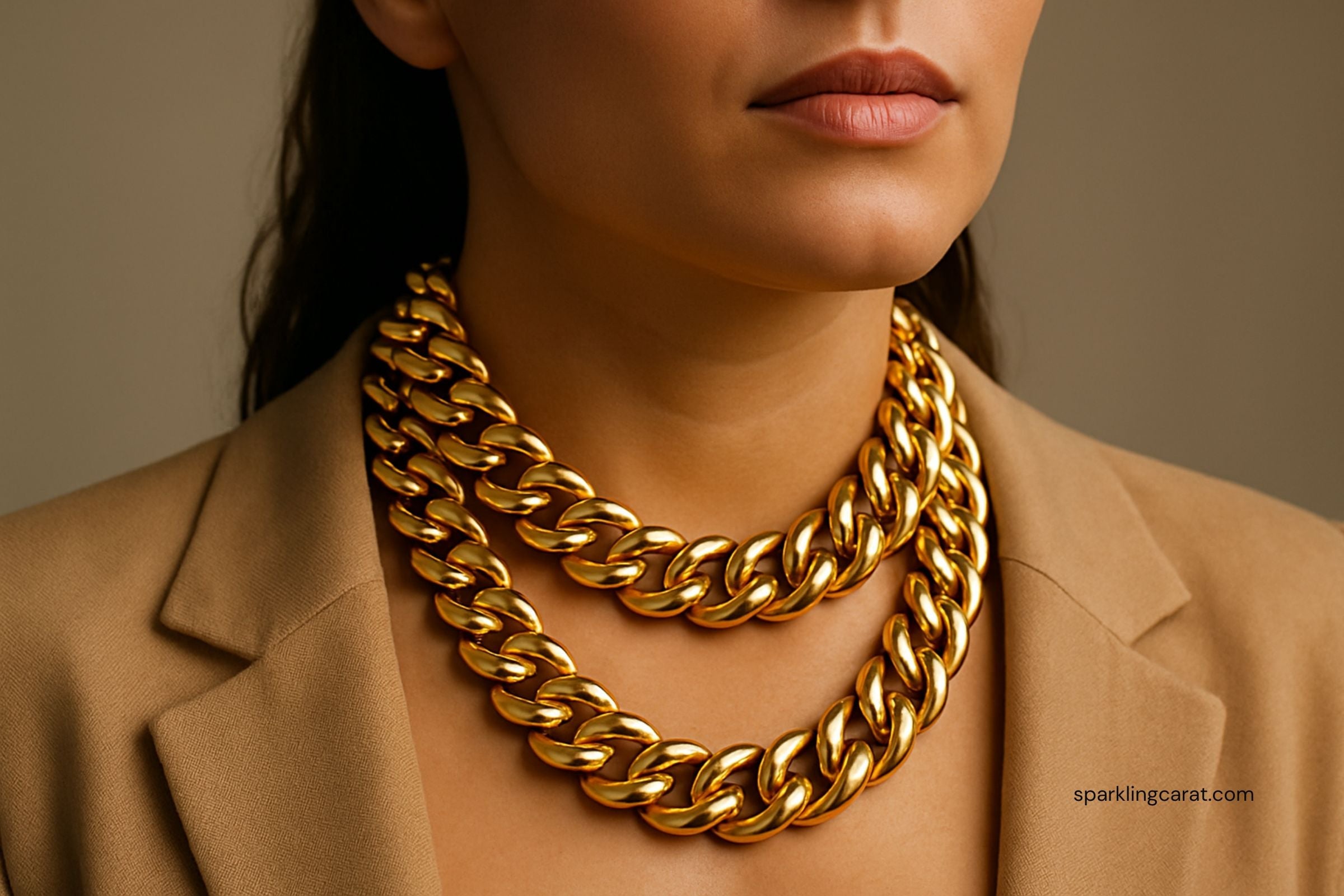 Chunky gold Cuban link necklace layered over neutral top, showcasing bold ’80s-inspired chain links.