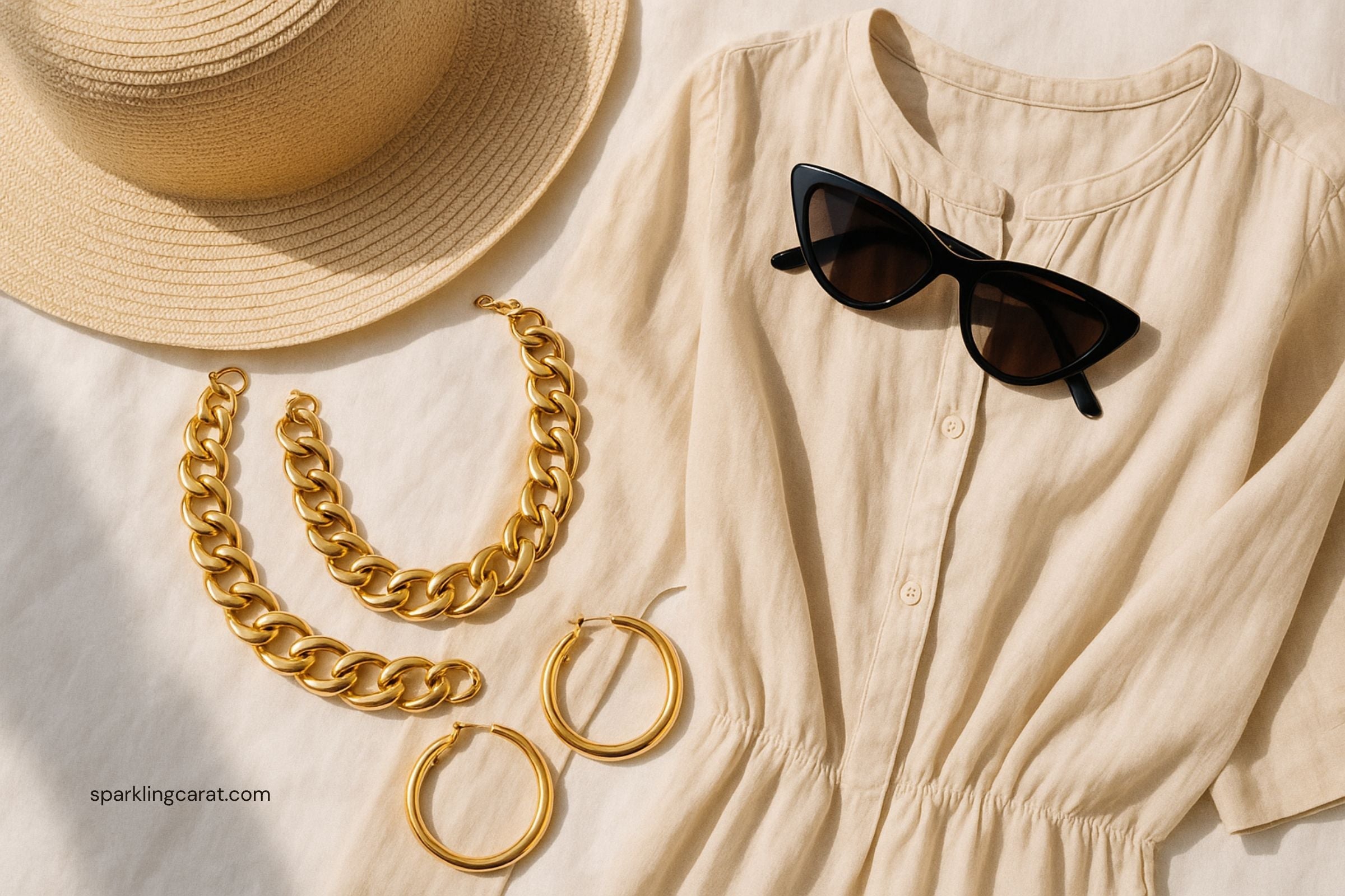 Chunky gold statement chains and oversized hoops styled with summer neutrals.