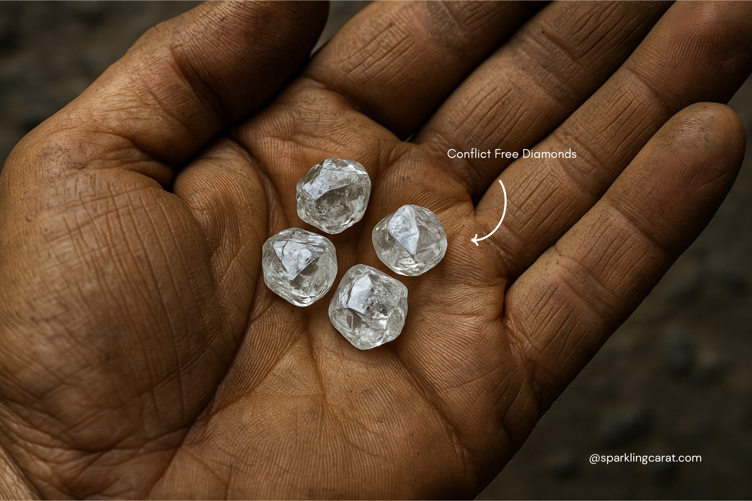 Hand holding a radiant conflict-free diamond over a faded world map, symbolizing ethical sourcing and responsible luxury by Sparkling Carat.