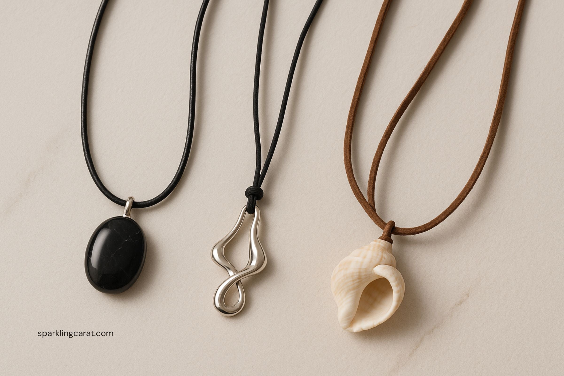 Three cord necklaces: leather cord with stone pendant, silk cord with metal abstract pendant, suede cord with shell pendant.
