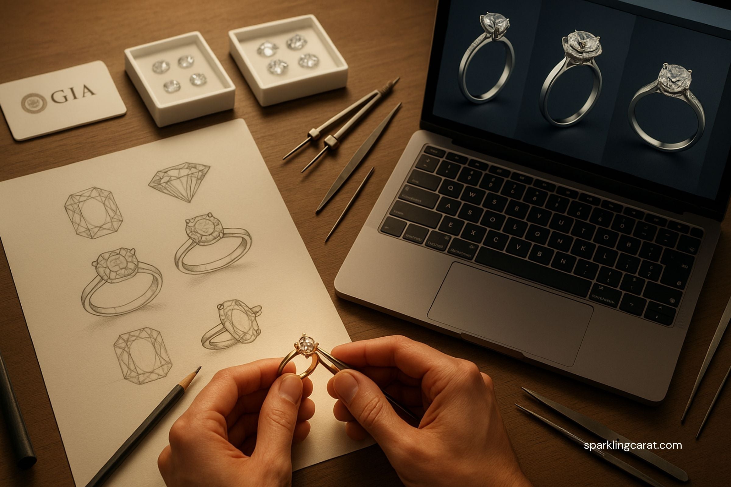 Jewellery designer's hands sketching a custom engagement ring beside a laptop displaying 3D renders, surrounded by diamonds and gold tools.