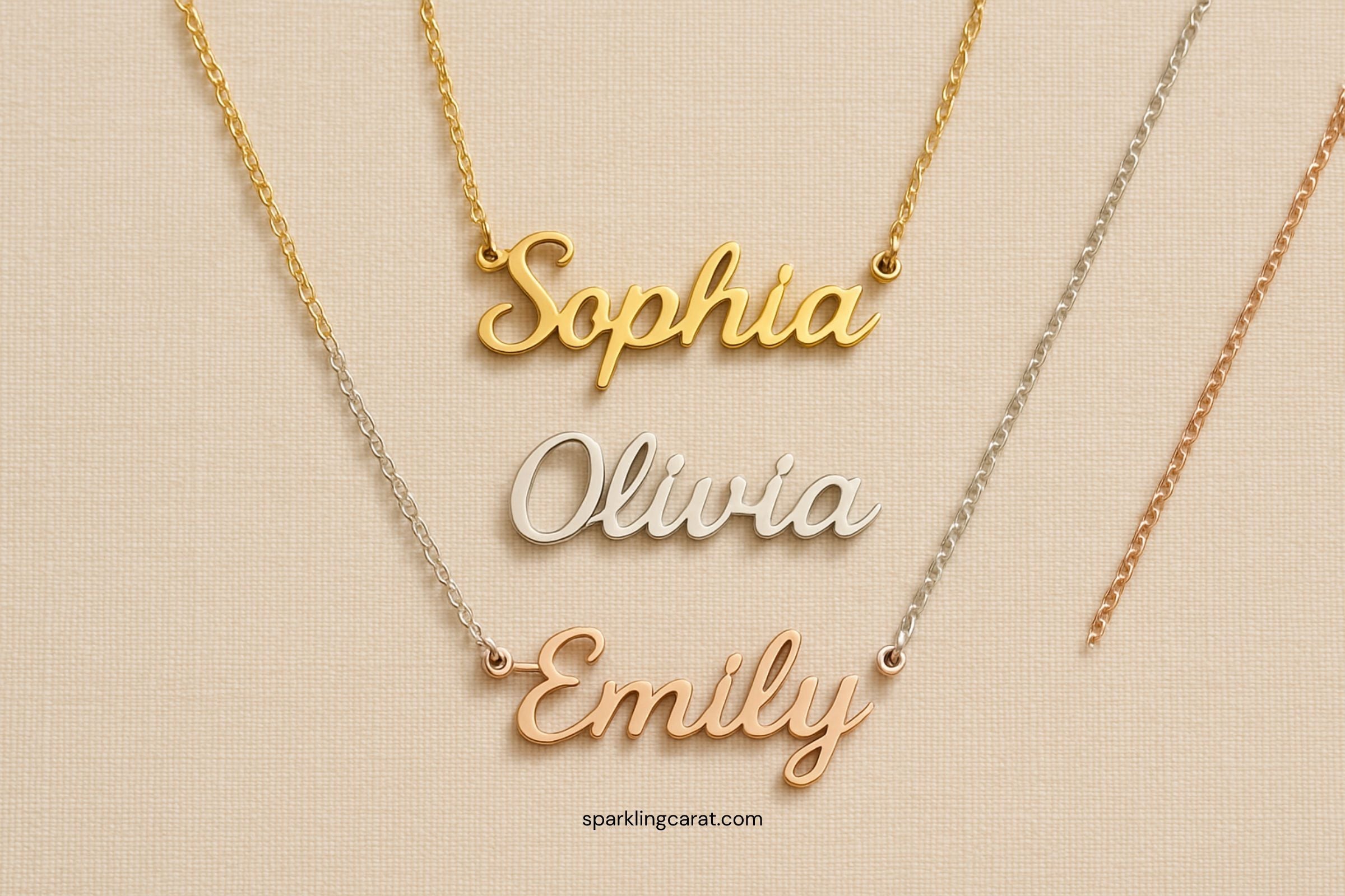 Custom gold, silver, and rose gold nameplate necklaces on linen background.