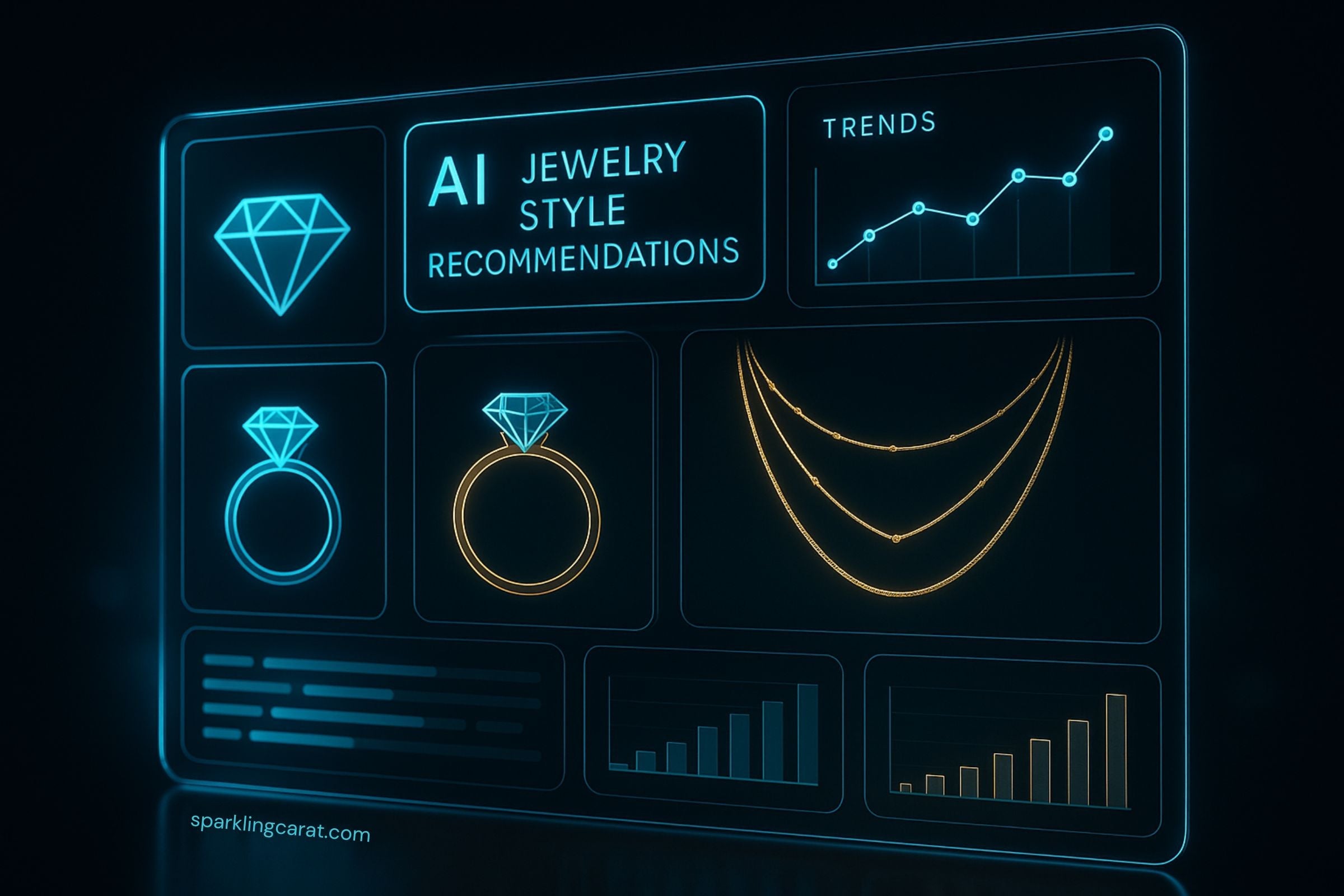 AI-driven jewelry recommendation system displaying personalized styles on a holographic screen.