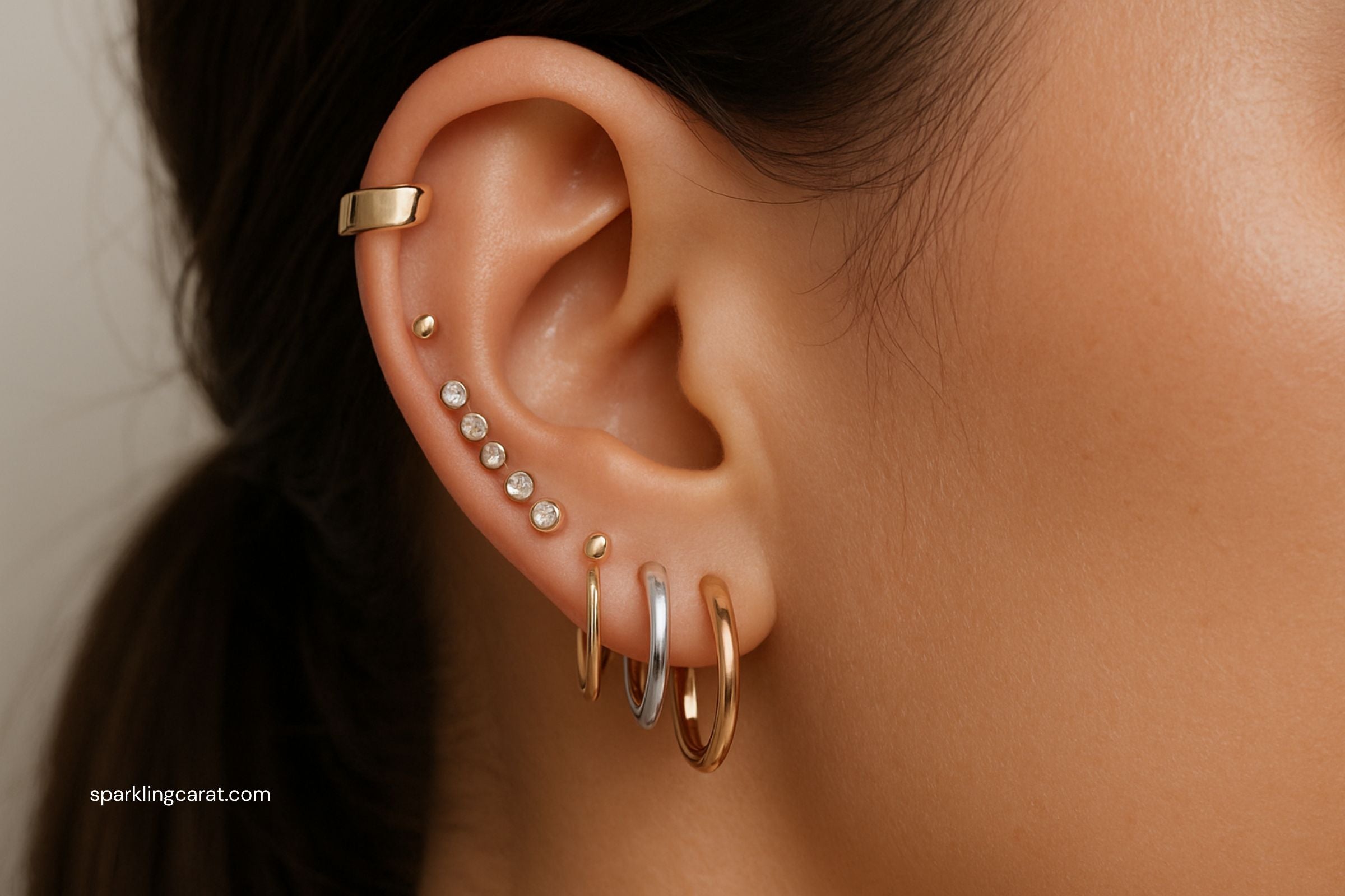 Ear with a curated stack of mixed metal studs, small hoops, huggie, and ear cuff highlighting ear stacking style.