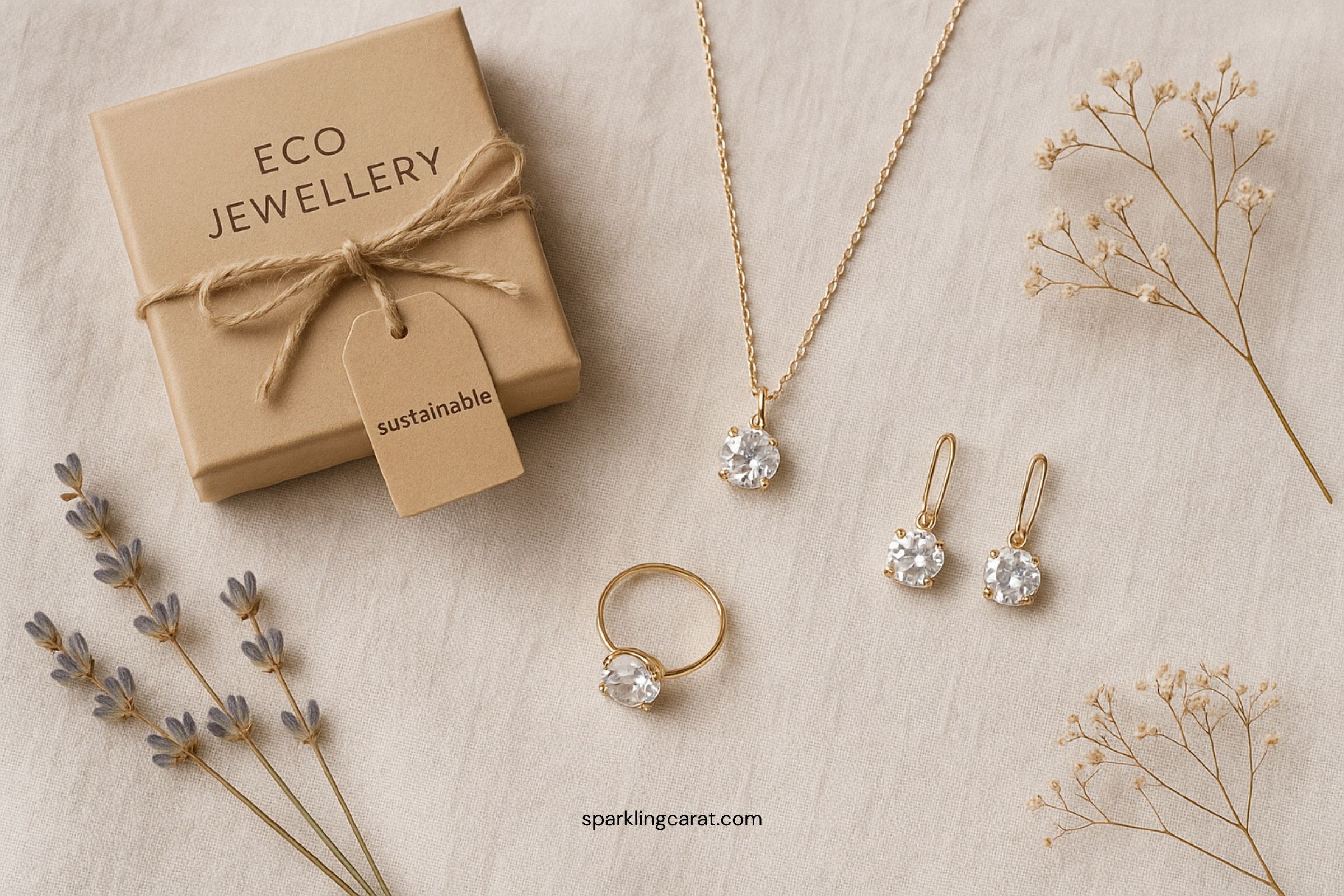 Eco-friendly jewelry displayed with sustainable packaging and recycled materials under natural lighting.