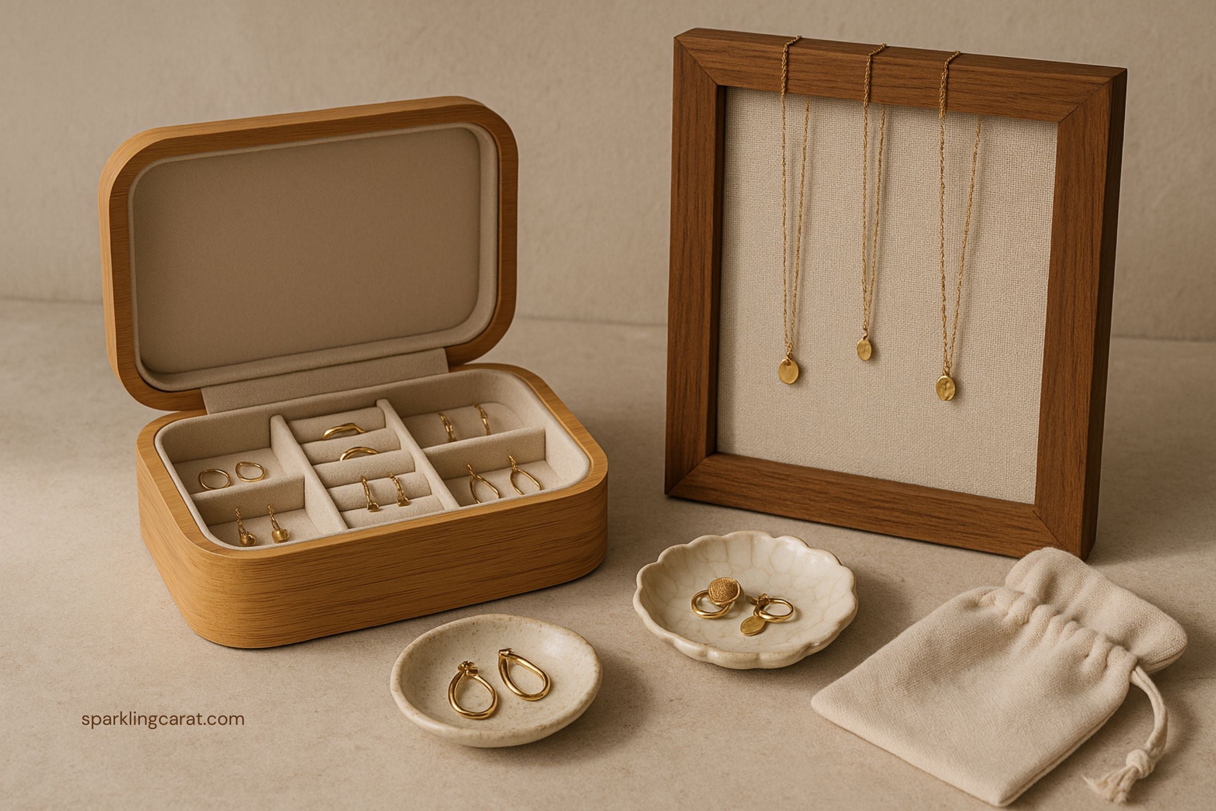 Eco-friendly jewelry storage setup: bamboo-lined box, upcycled wood display frame, ceramic catch-all dishes, linen pouch on neutral surface.