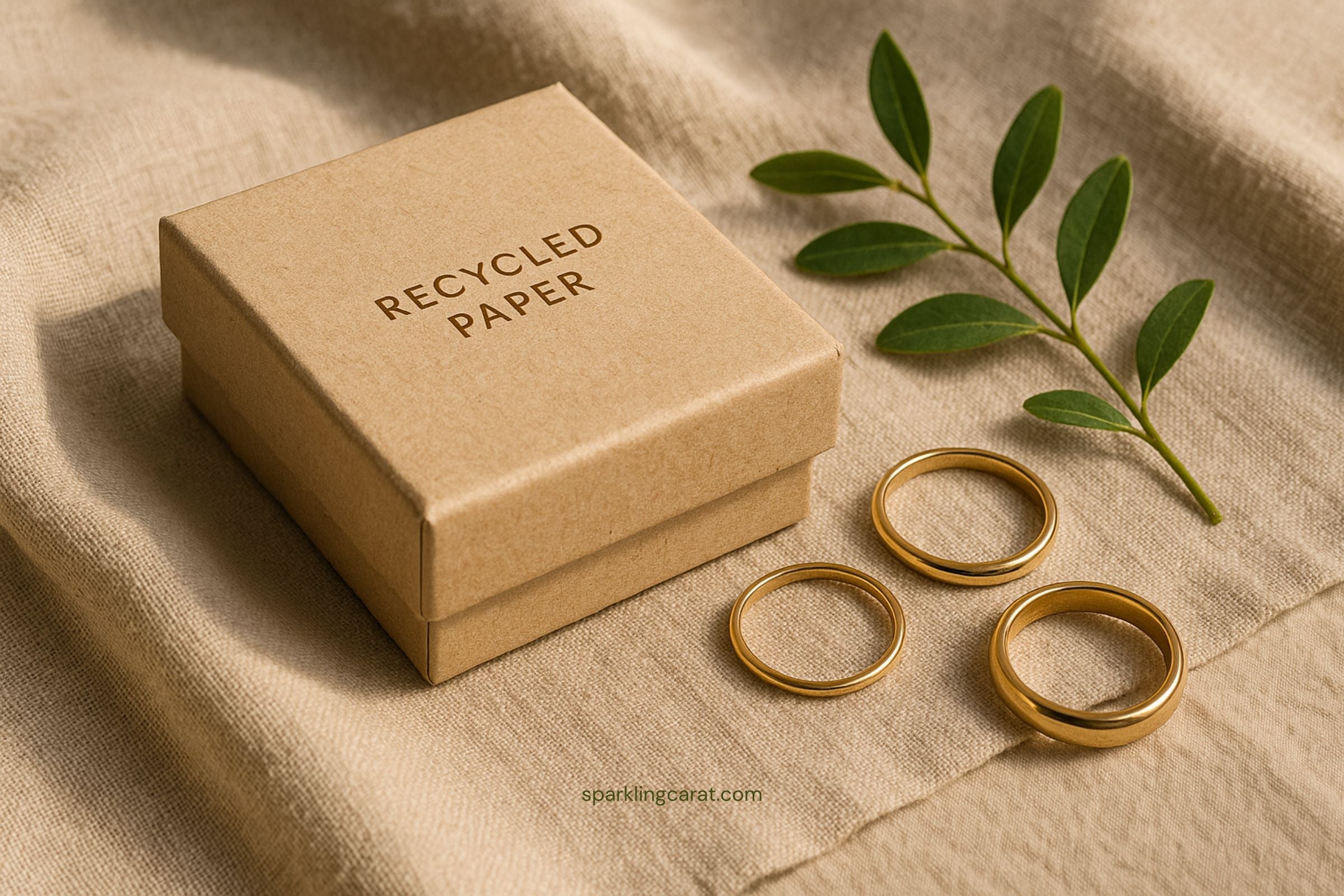 Recycled gold rings in eco-friendly packaging made from biodegradable materials.