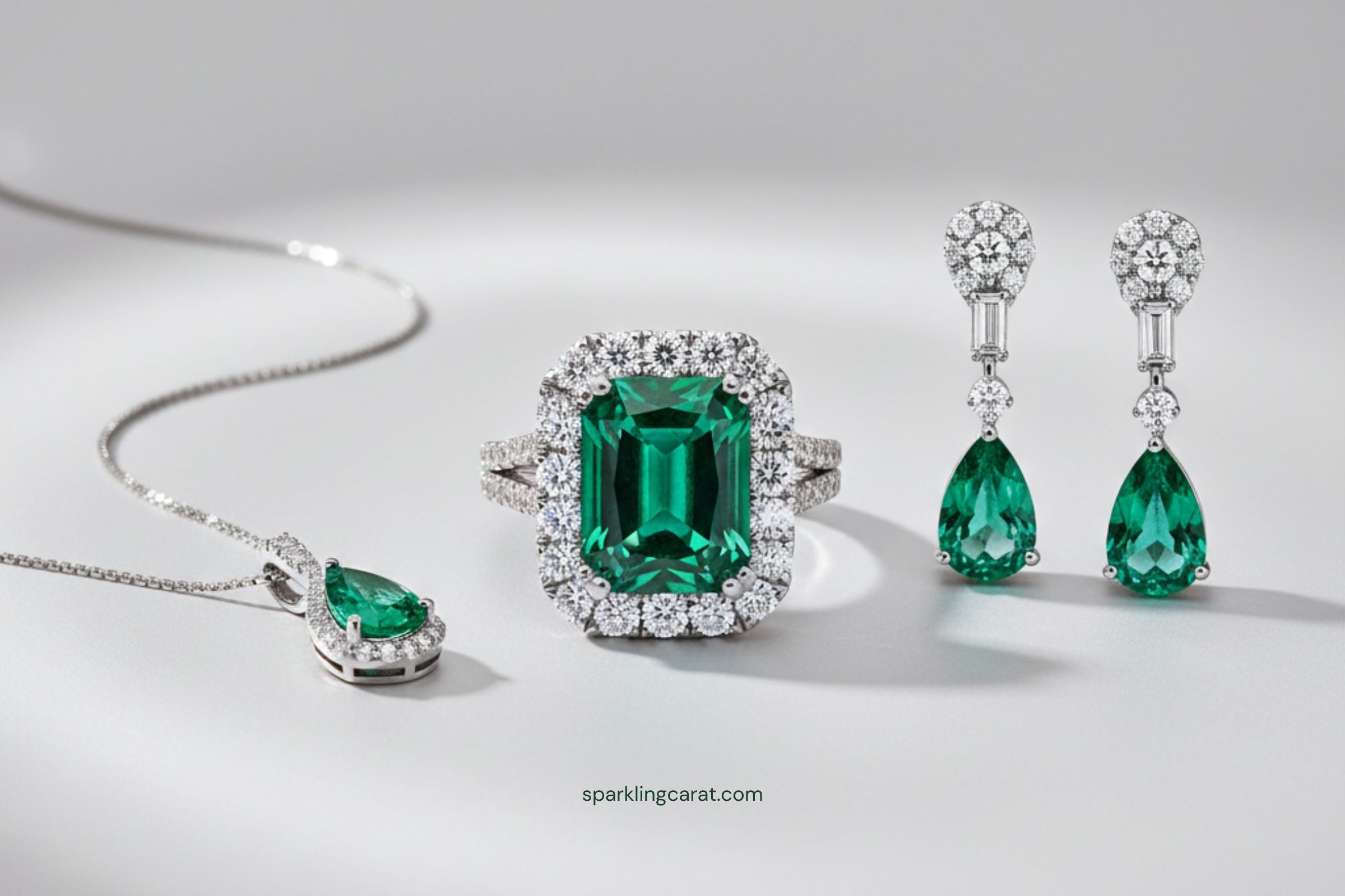 Emerald cocktail ring, emerald pendant necklace, emerald drop earrings – 2025 emerald jewelry styles.