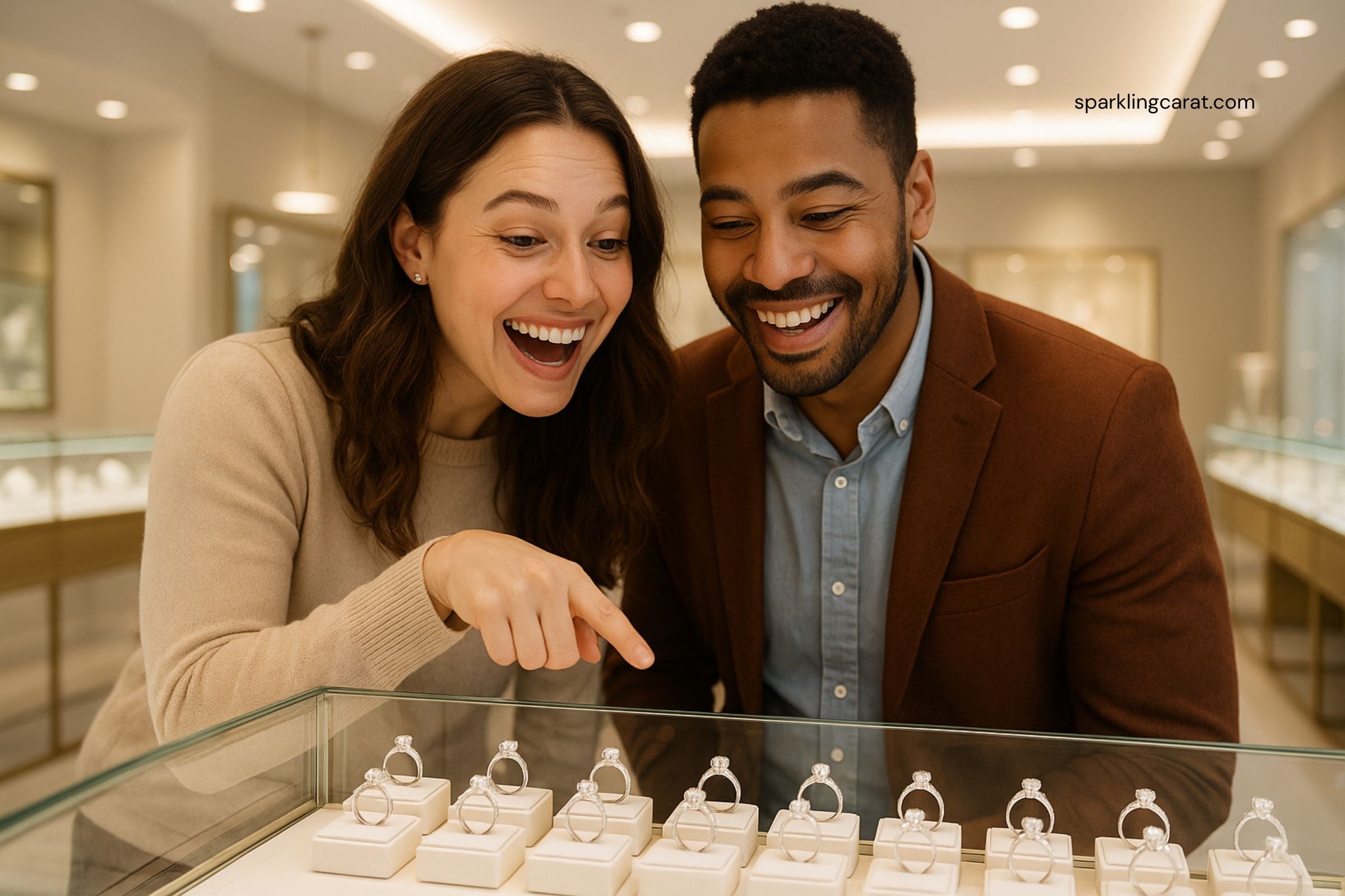 Couple shopping for engagement rings together at a jewelry store, examining diamond styles with a consultant.