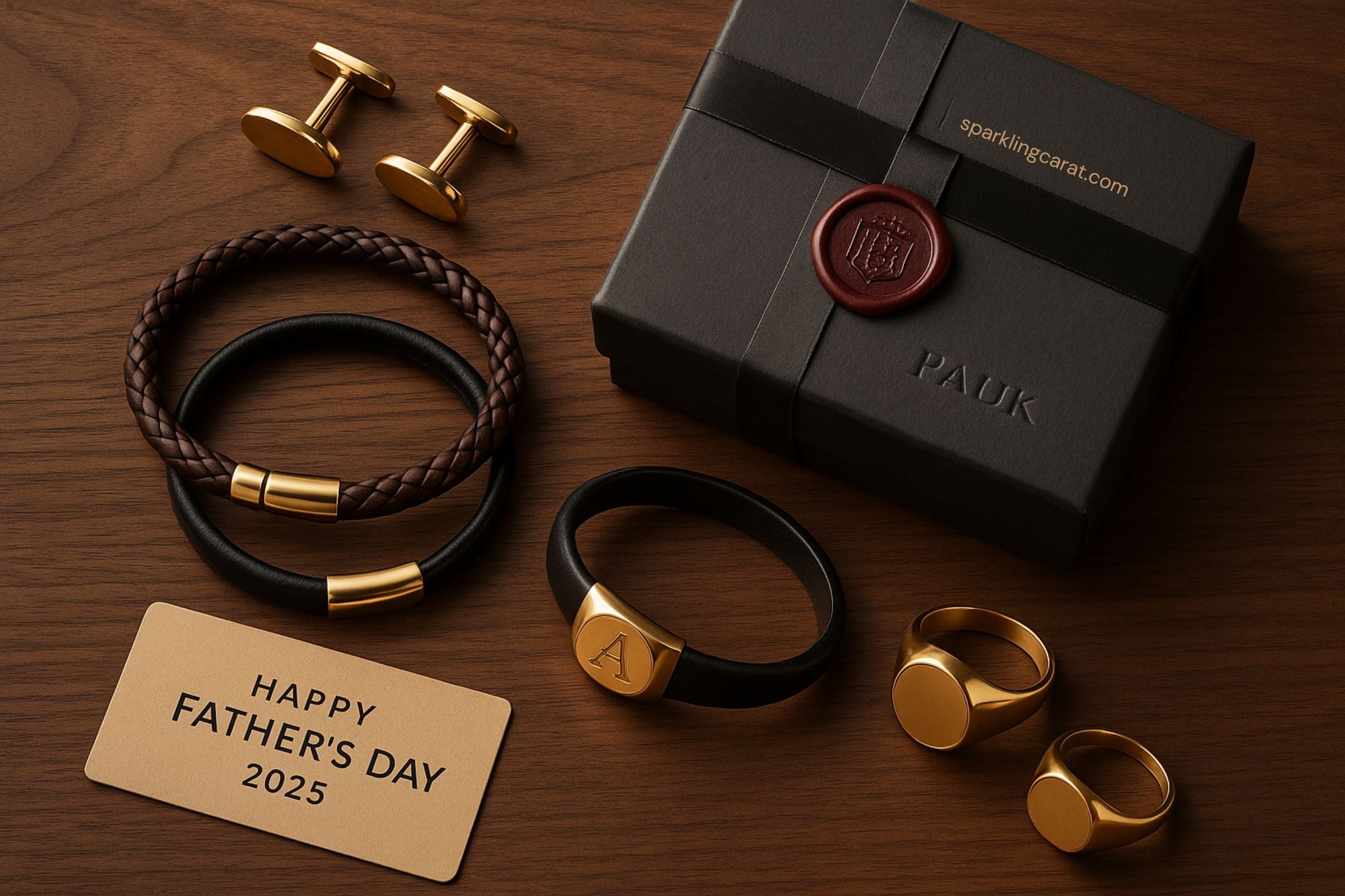 Flat lay of men's jewelry gifts including cufflinks, bracelets, and a gift box for Father’s Day.