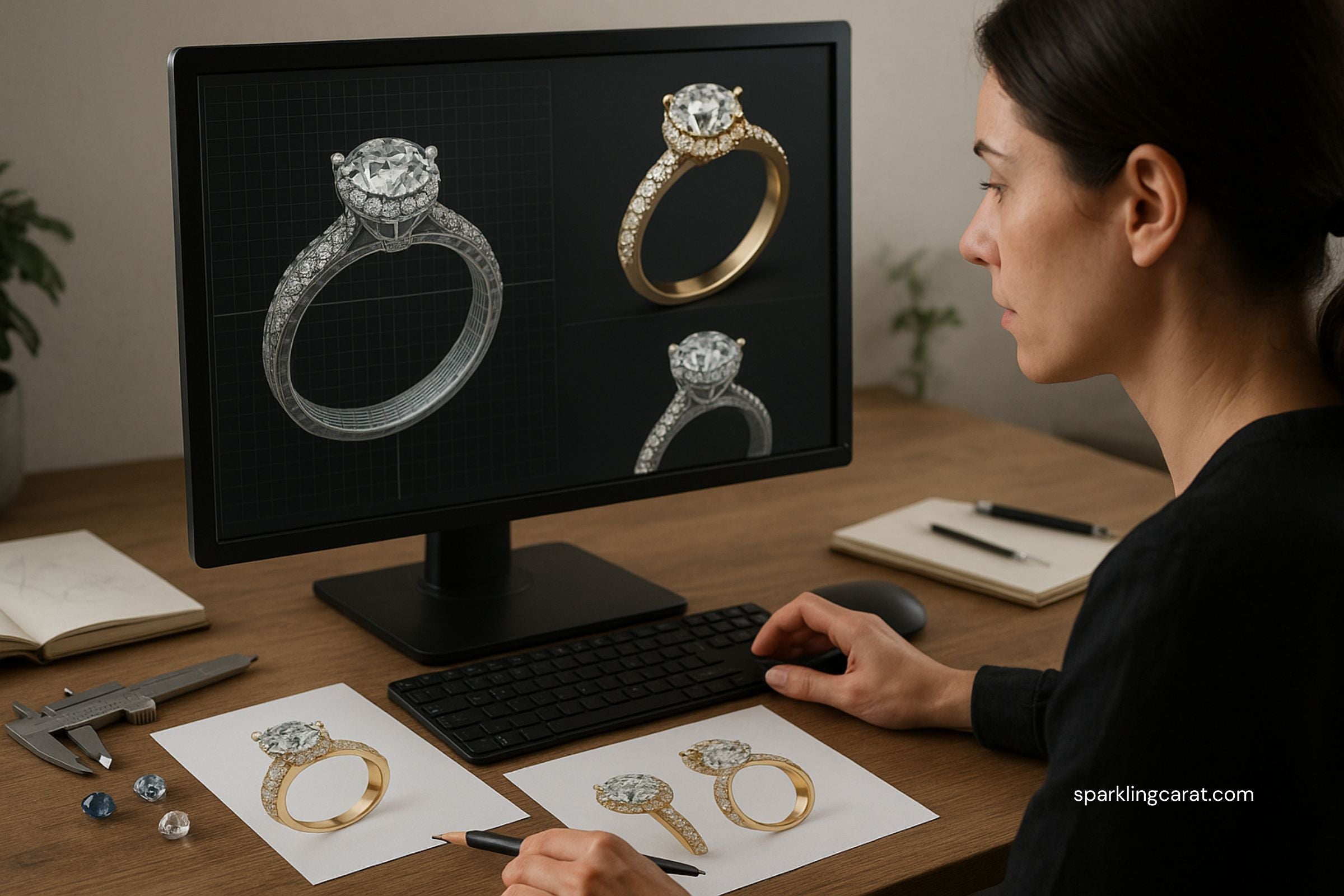 Jewelry designer creating CAD renders of a ring on a computer screen.