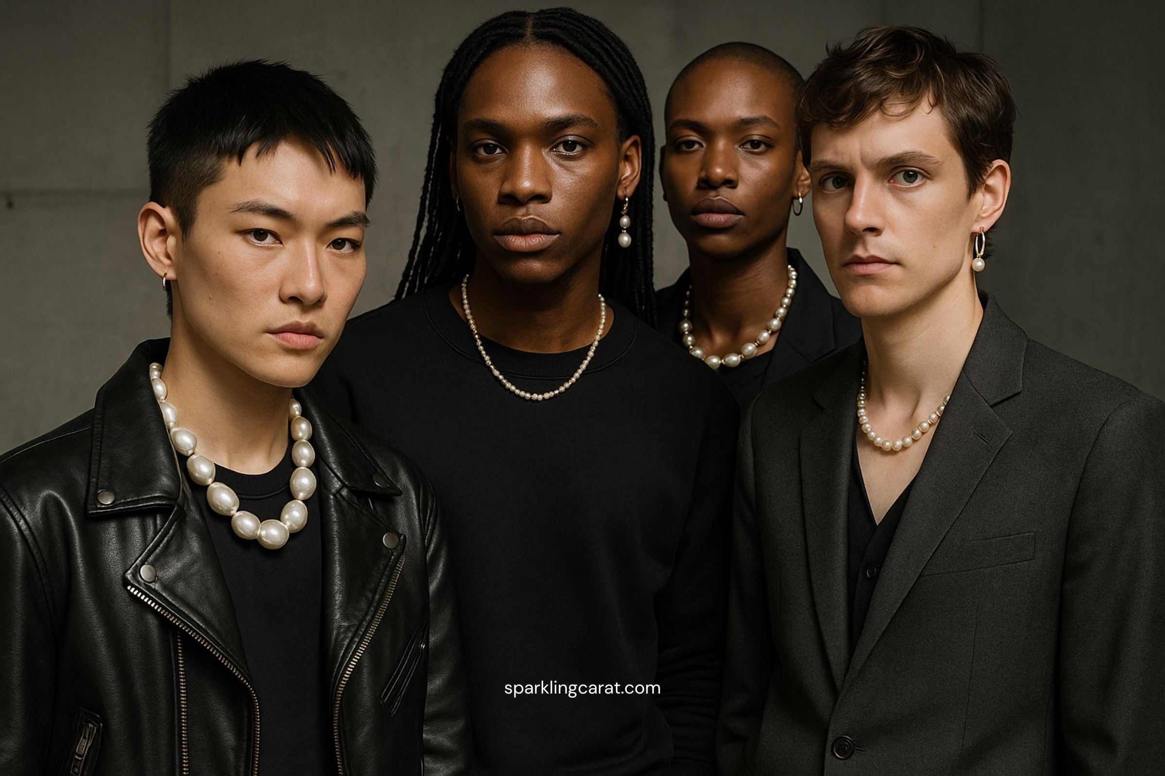 Model wearing gender-neutral pearl necklace layered over a blazer.