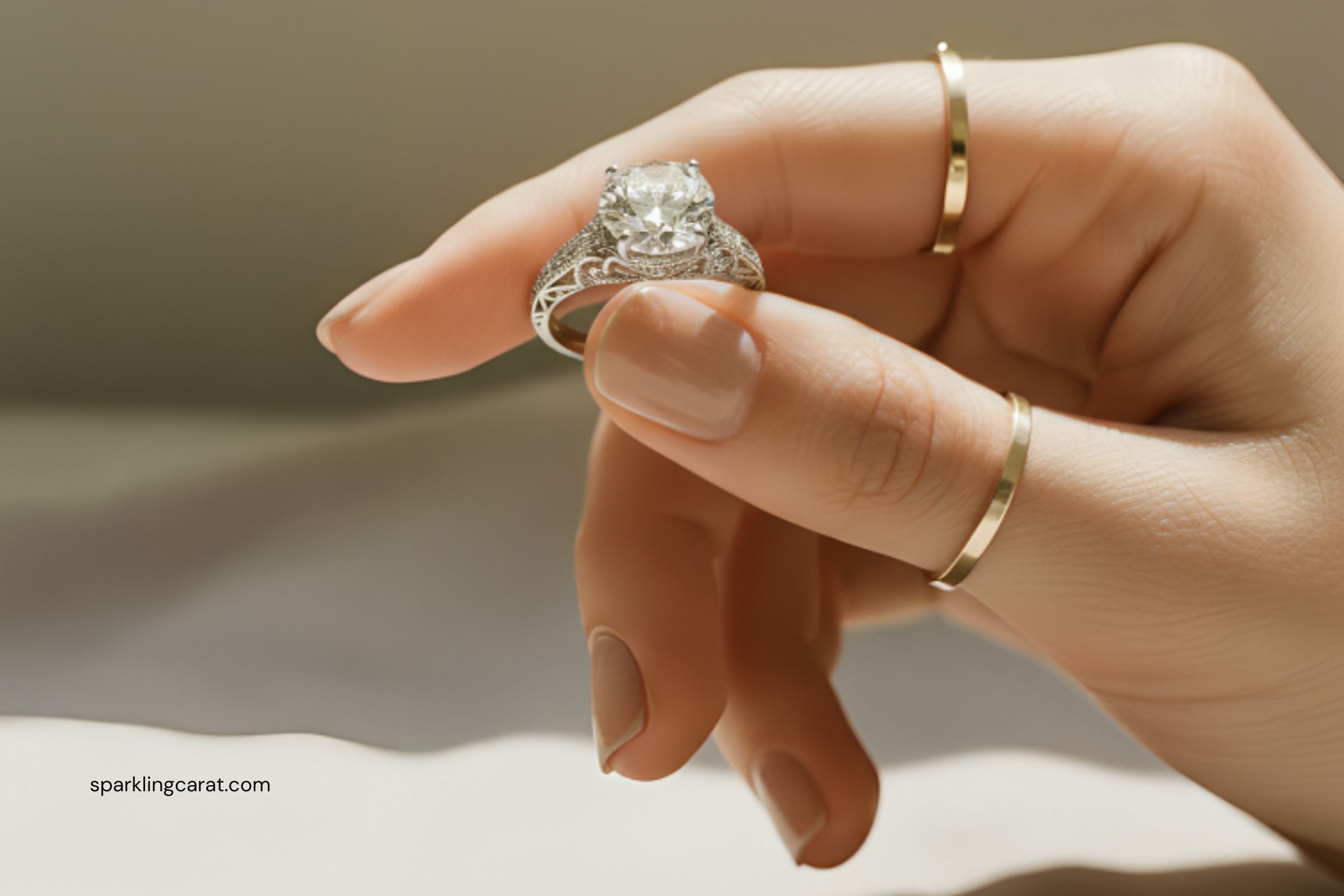 Gen Z model wearing Old-European cut diamond heirloom ring with vintage filigree details.