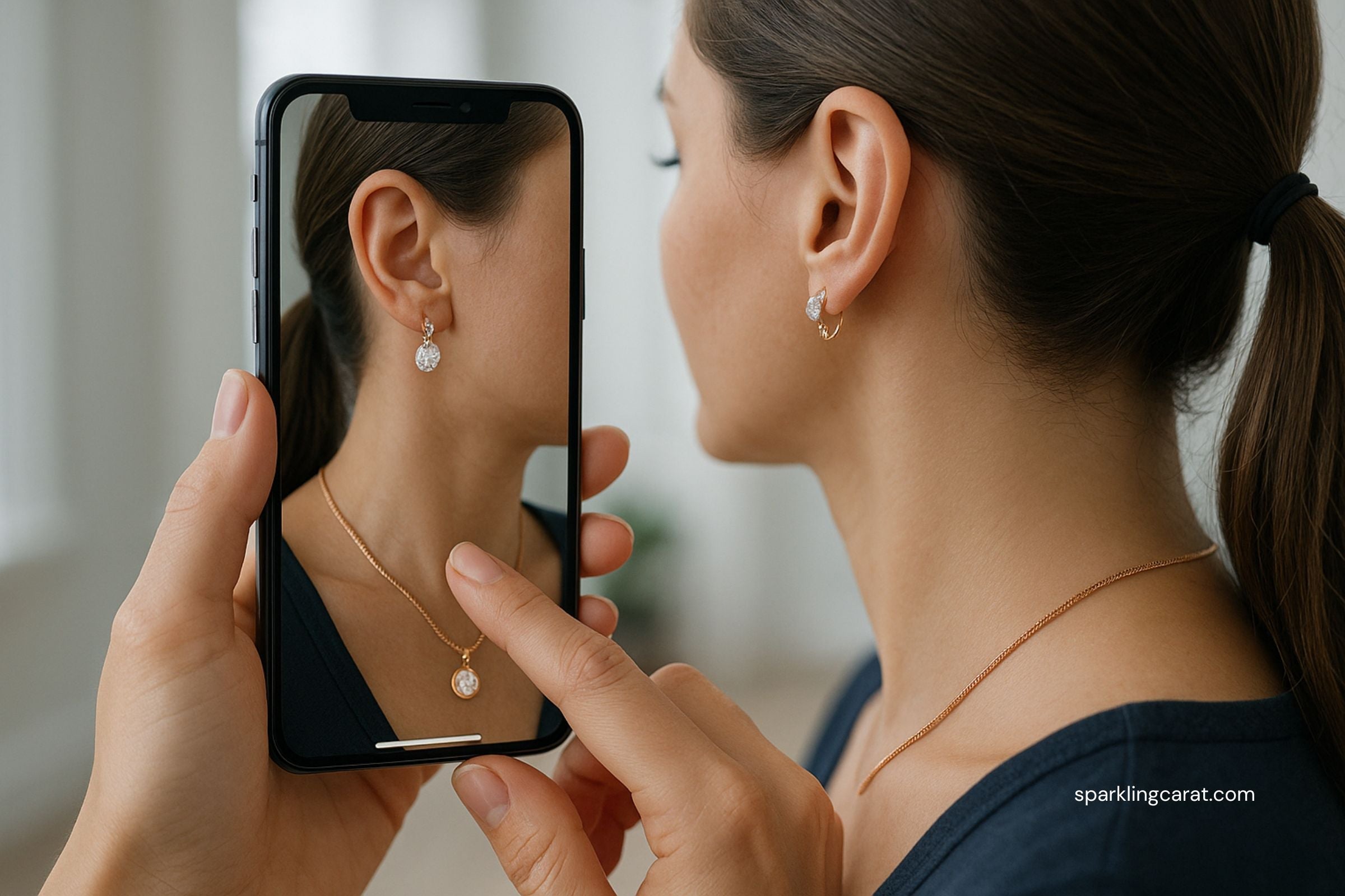 Customer using high-fidelity virtual try-on technology to preview jewelry pieces on a smartphone.