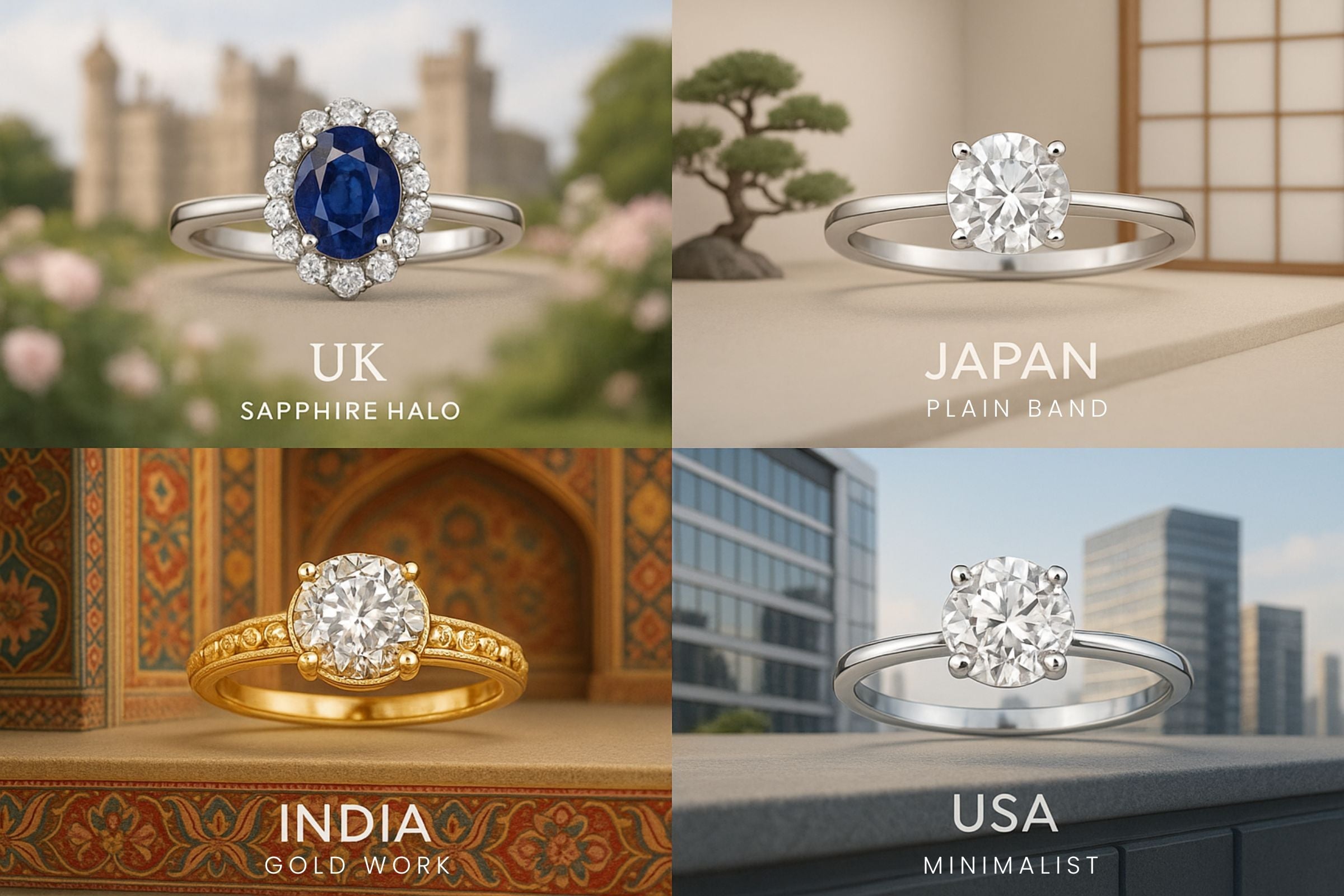 Engagement rings from different cultures, including Indian gold, French minimalist, and American diamond rings.