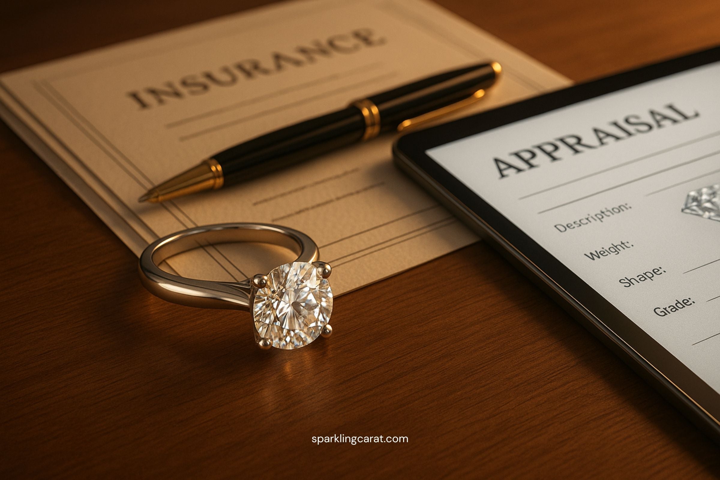 An elegant diamond engagement ring placed beside insurance papers, appraisal forms, and a pen—representing the process of jewellery insurance.