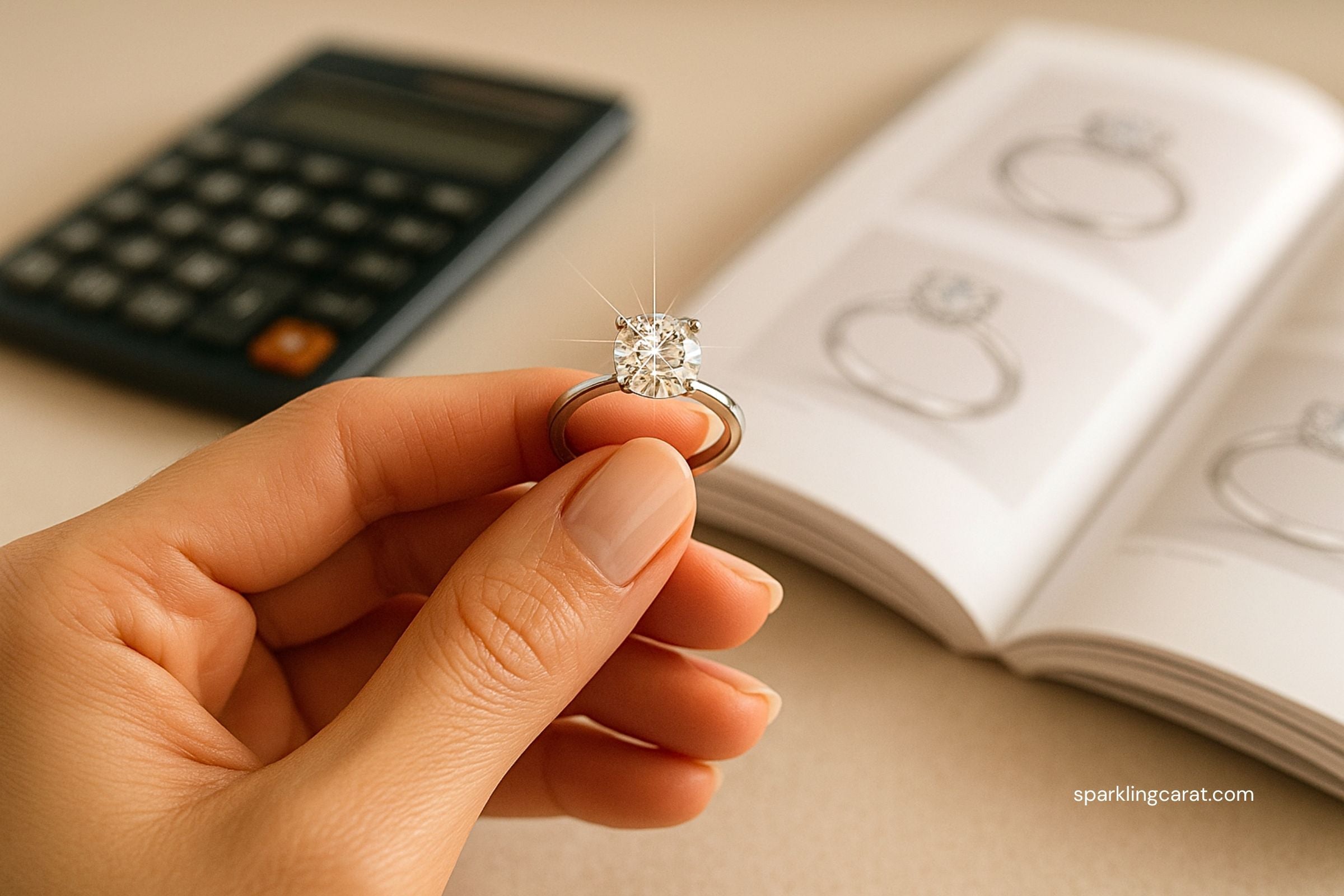 A close-up of a diamond engagement ring in hand next to a calculator and jewelry guide, representing affordable luxury and smart shopping.