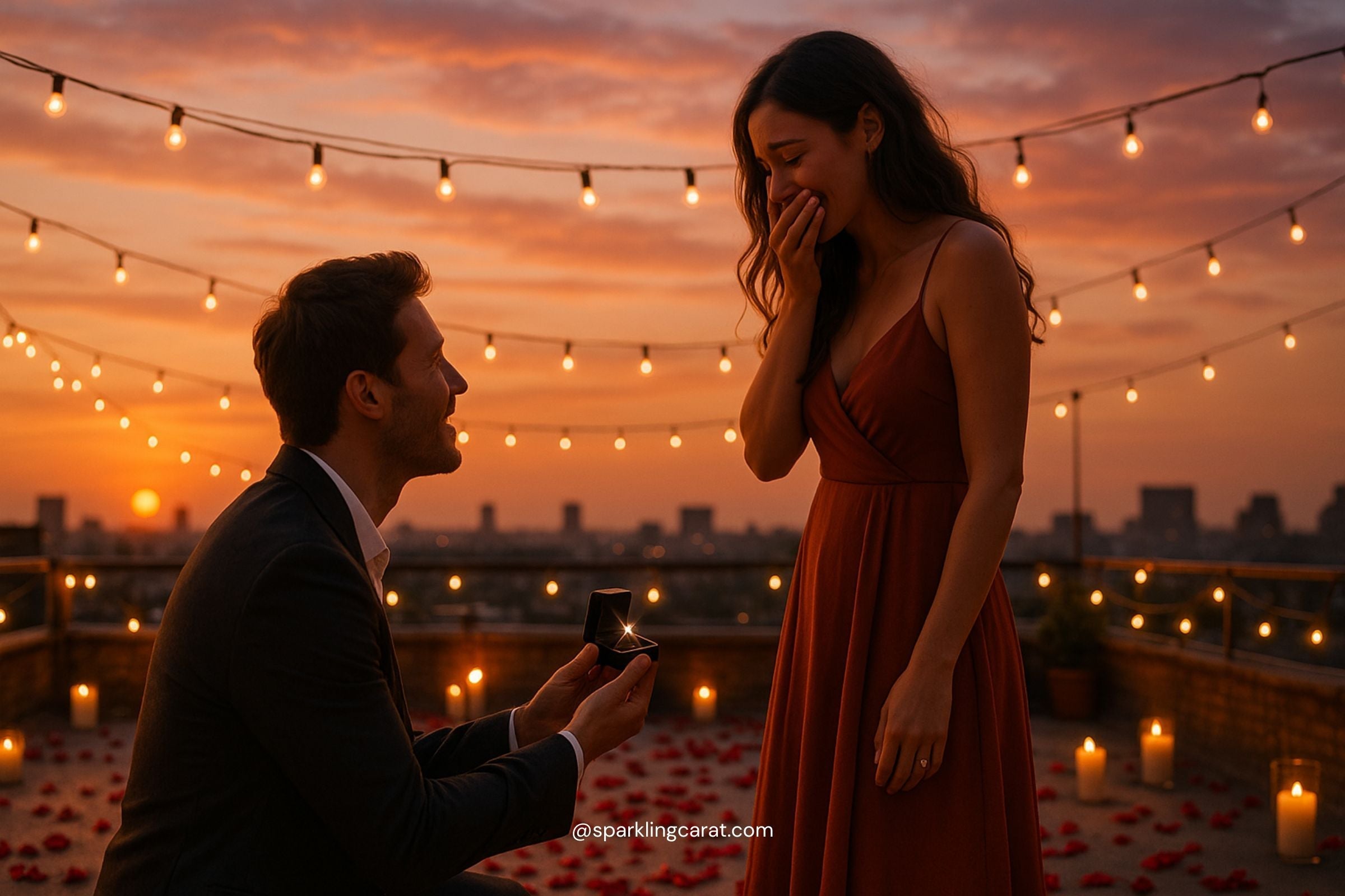 Man proposing to woman on a romantic rooftop with sunset lighting and fairy lights, holding a diamond ring from Sparkling Carat.