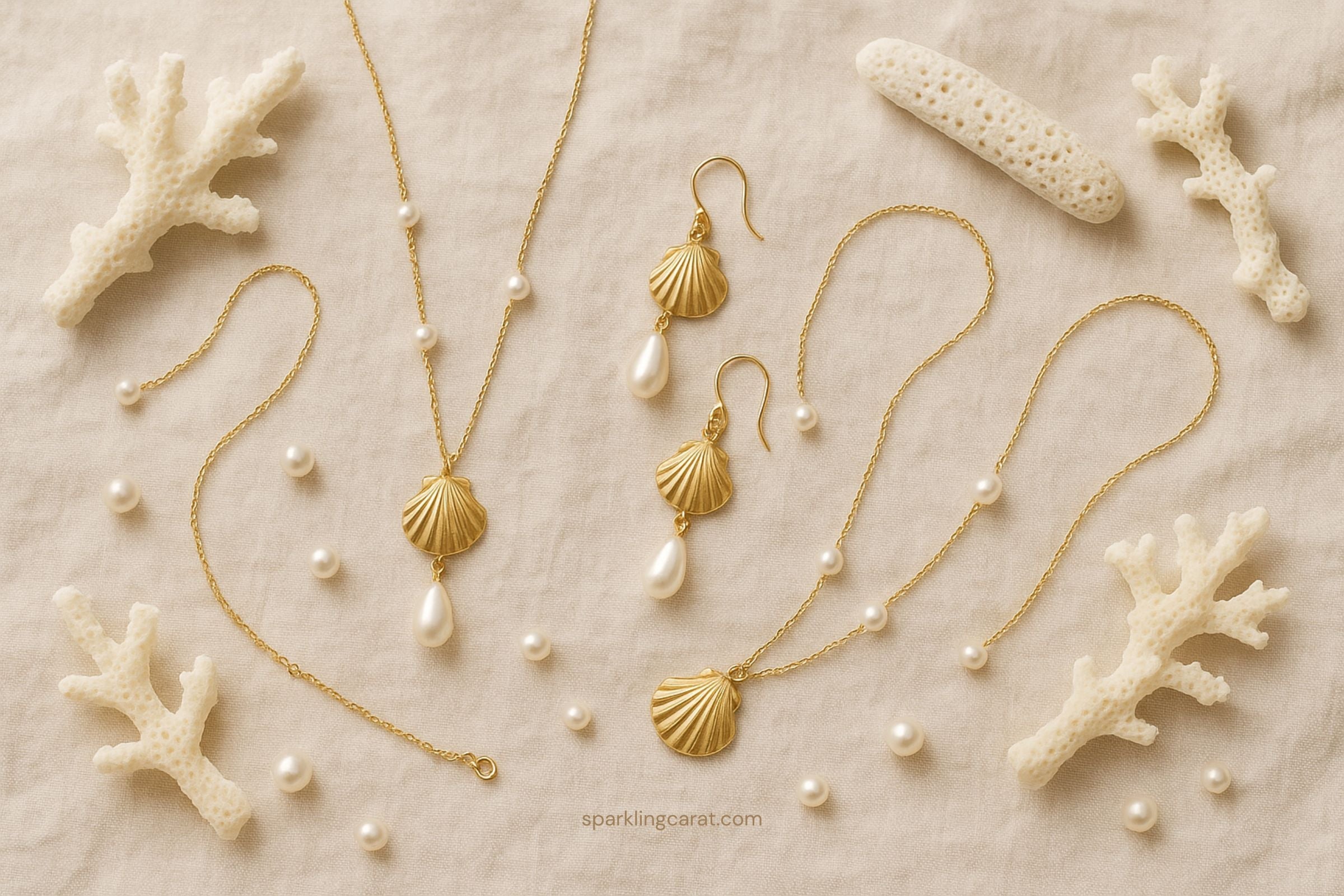 Shell and pearl jewelry styled with natural elements for a beach-chic look.