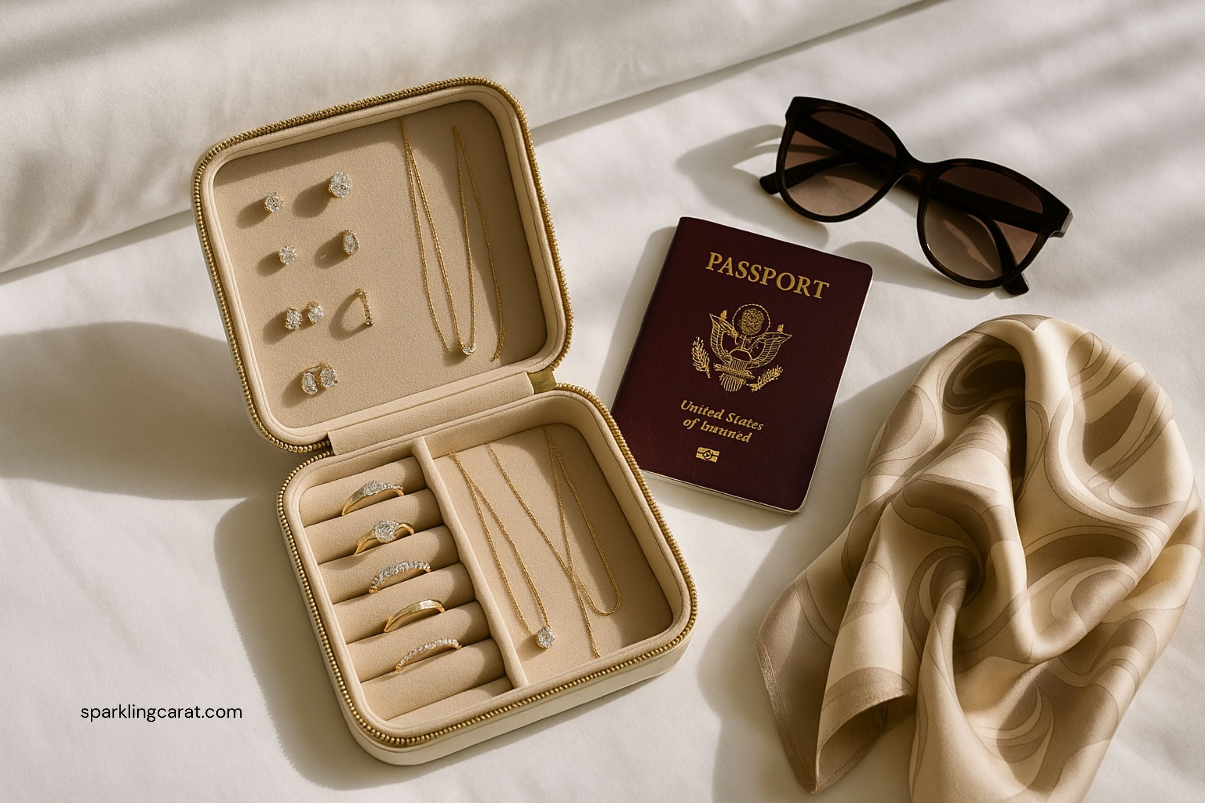 Jewelry travel organizer with diamond rings and necklaces neatly packed next to travel essentials like a passport and sunglasses.