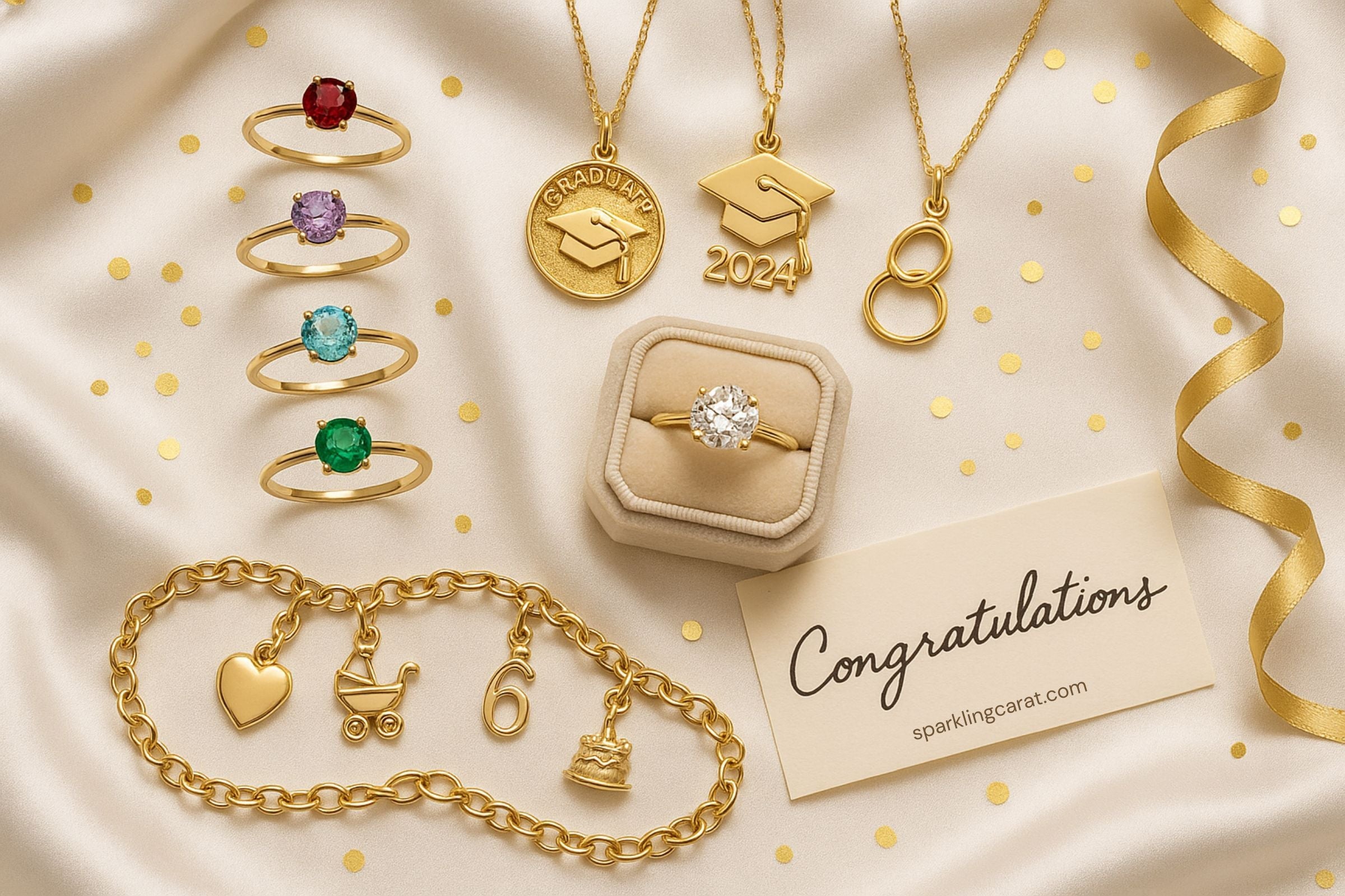 Milestone-themed jewelry collection including a graduation pendant, birthstone ring, and engraved charm bracelet on white satin.
