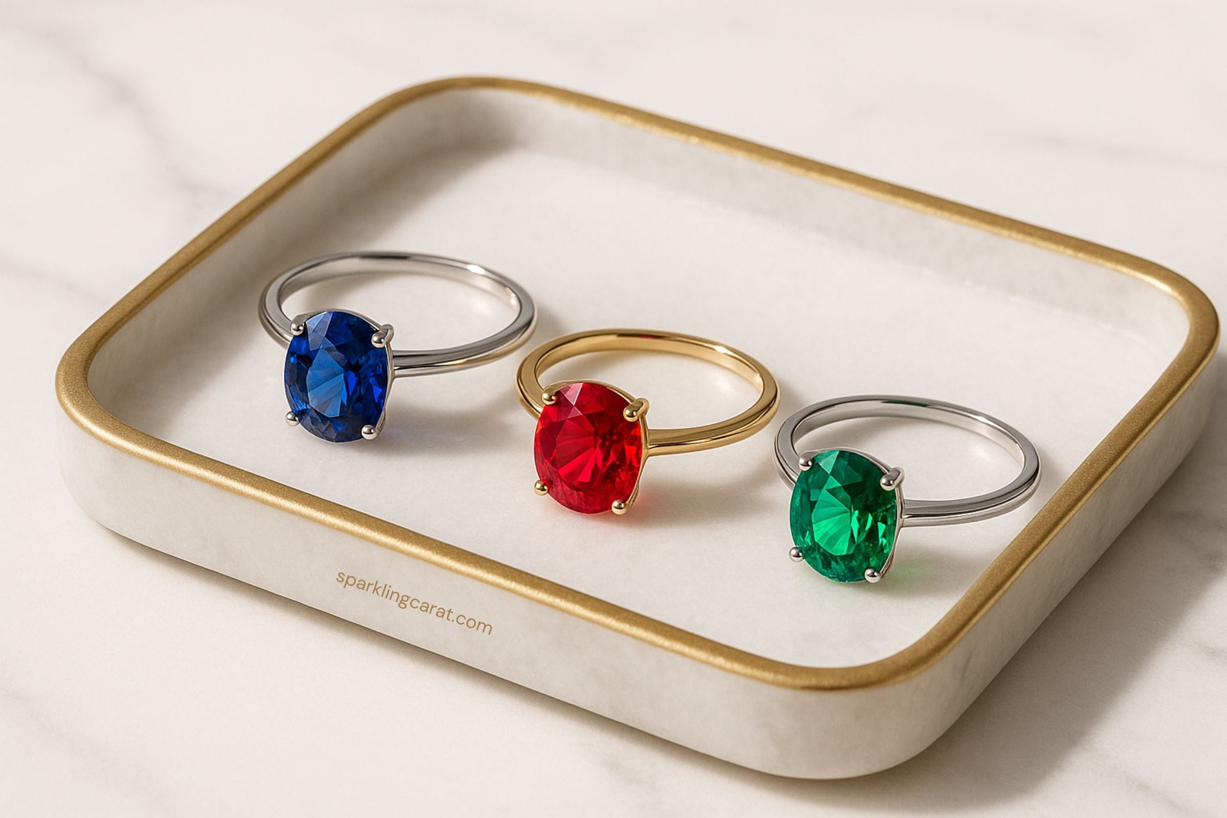 Lab-grown gemstone rings in sapphire, ruby, and emerald on a marble tray.