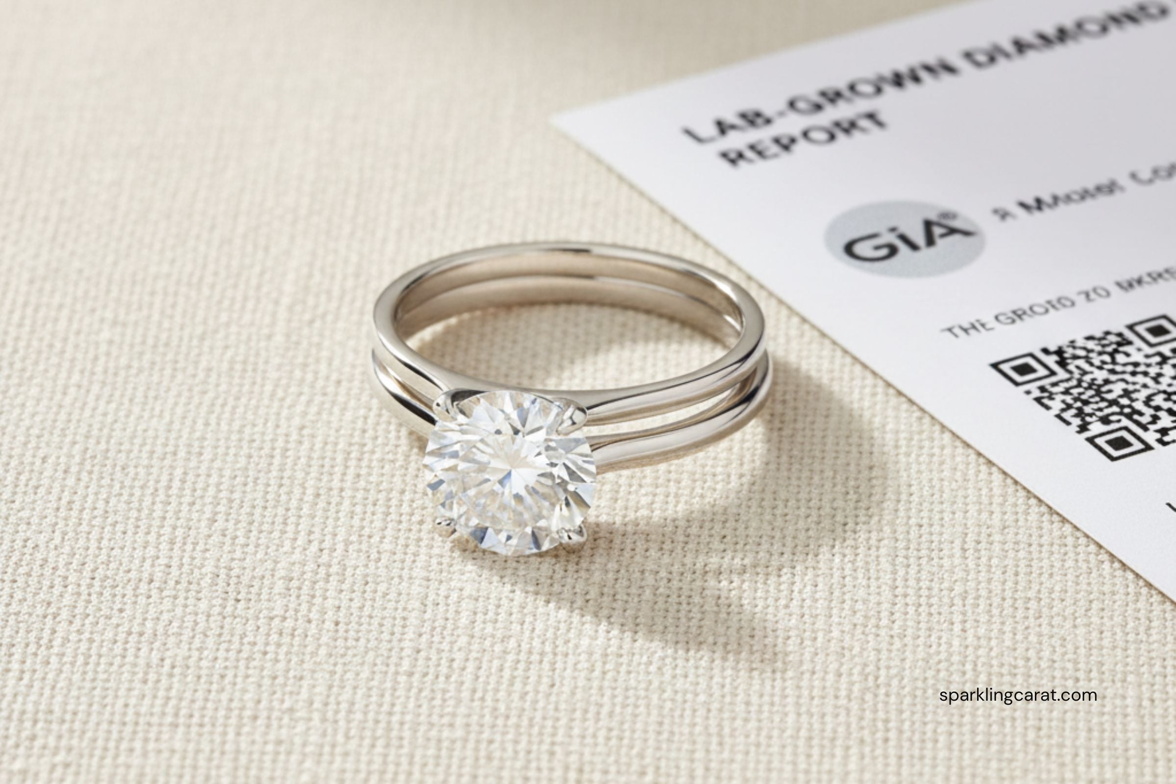 Lab-grown diamond engagement ring with lab certificate in background.