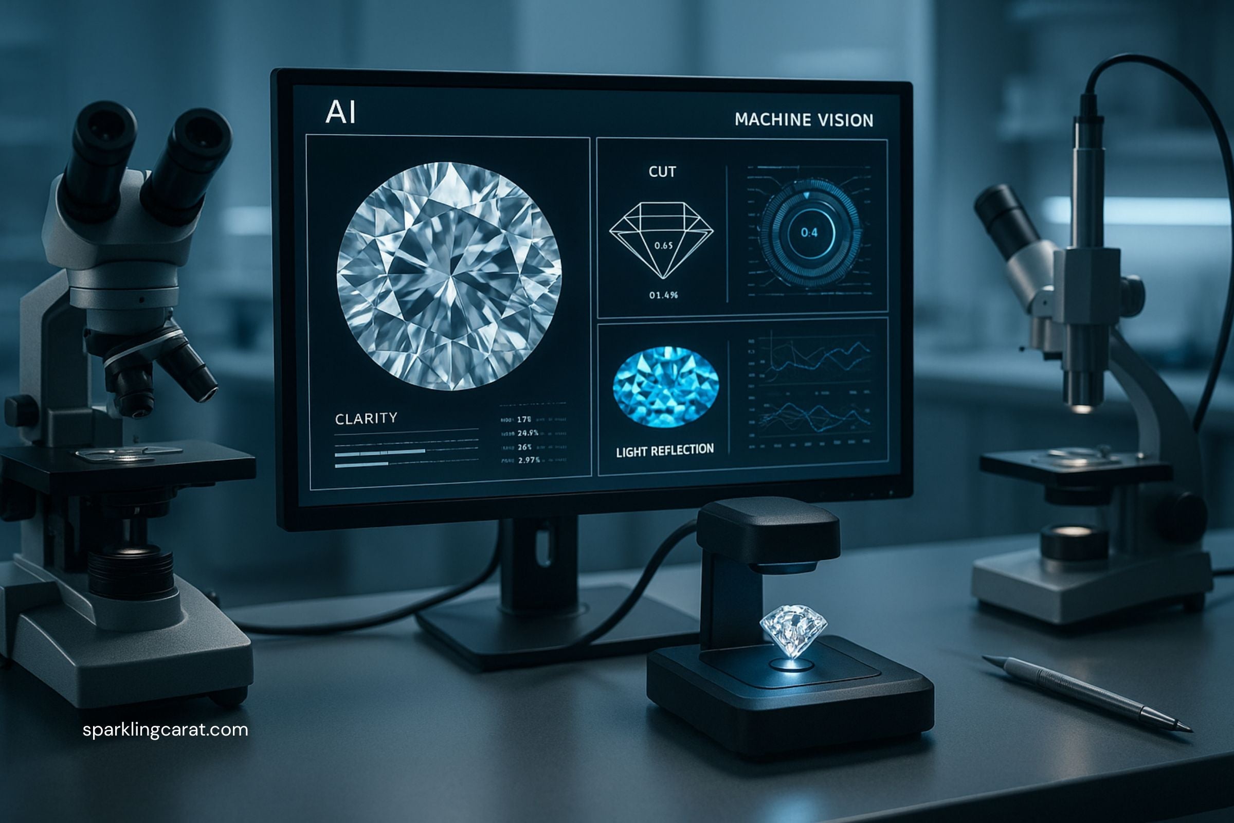 Machine vision system analyzing a gemstone for identification in a jewelry lab.