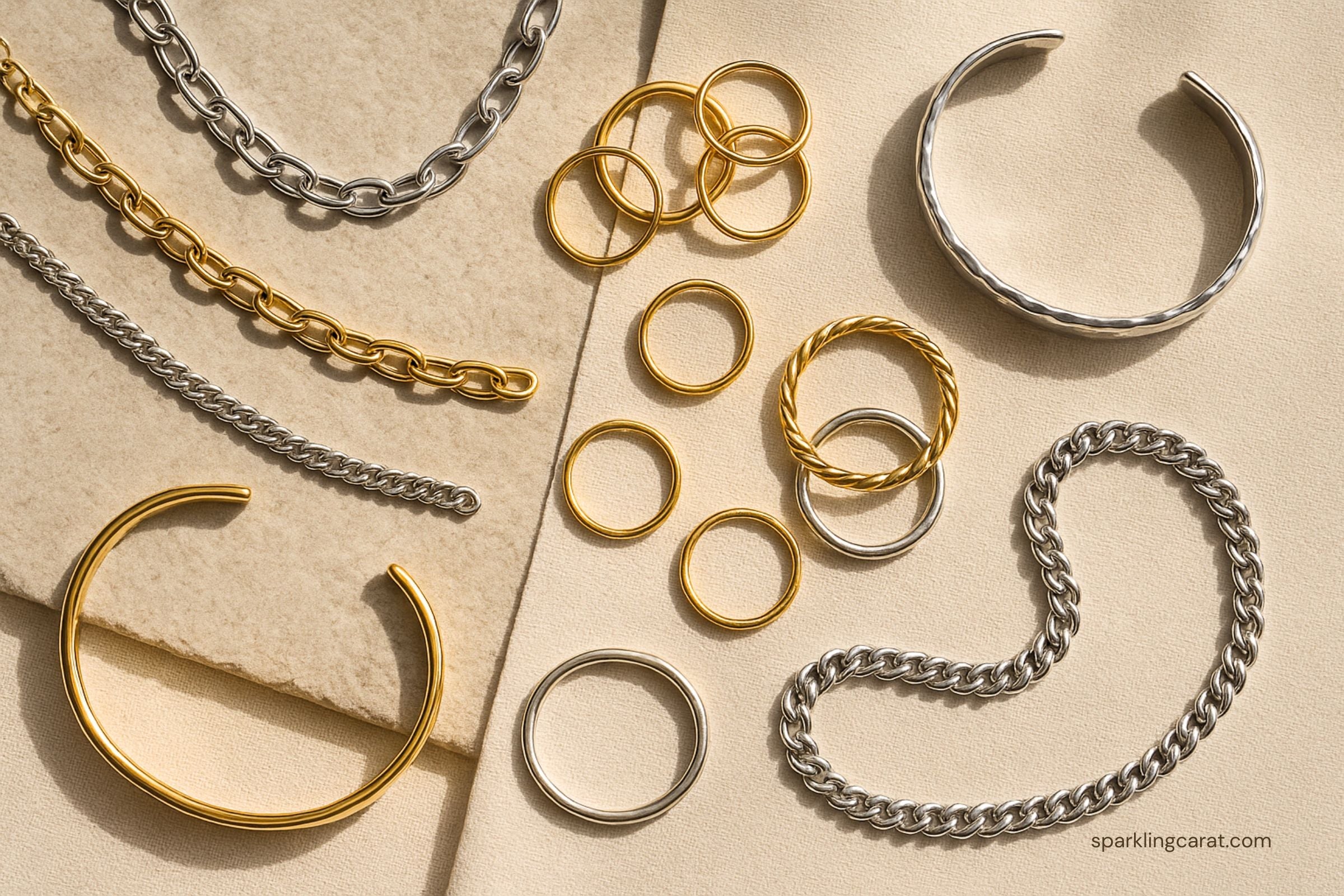 Flat lay of gold and silver mixed-metal chains, rings, and bangles styled together.