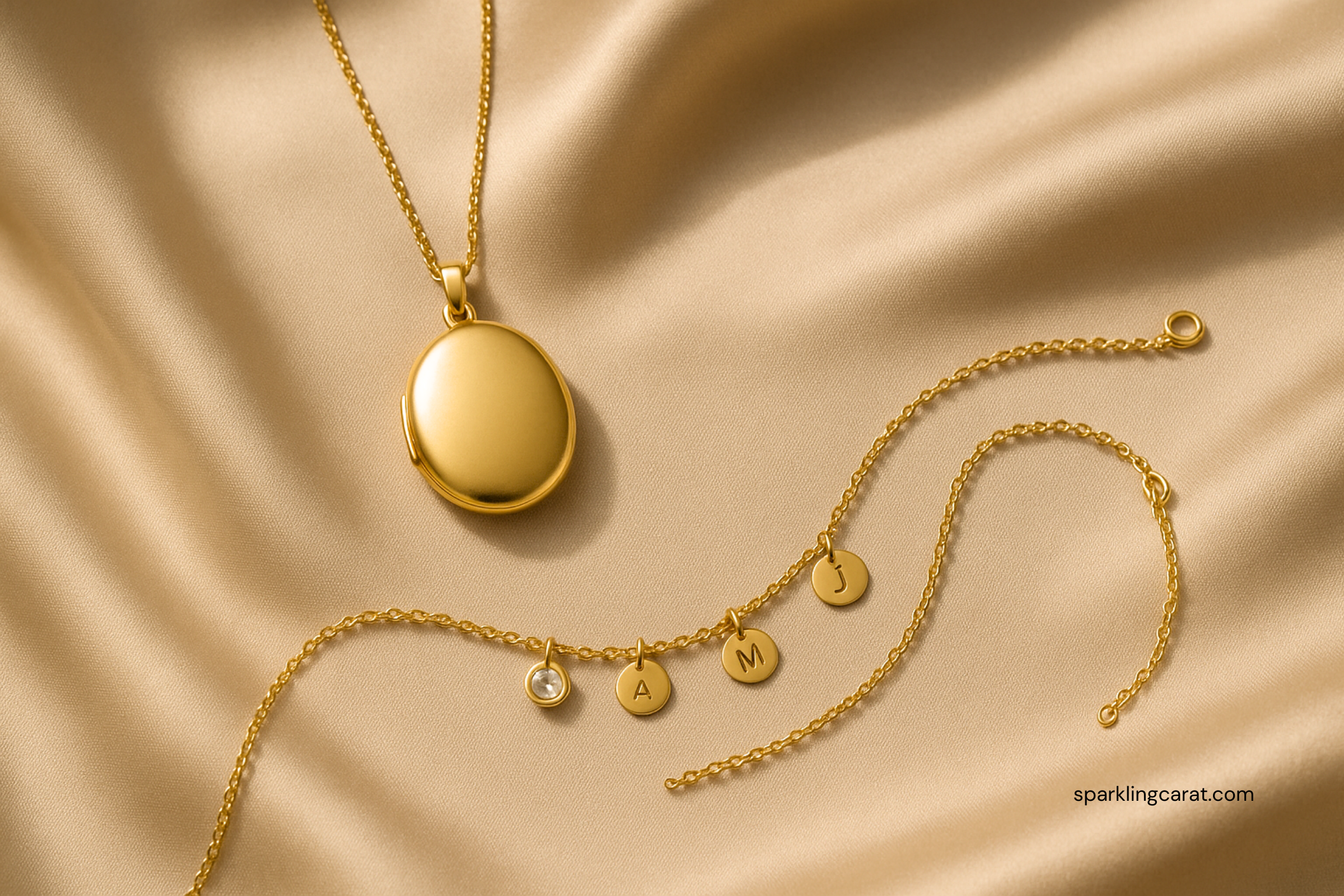 Modern gold locket pendant on chain necklace.