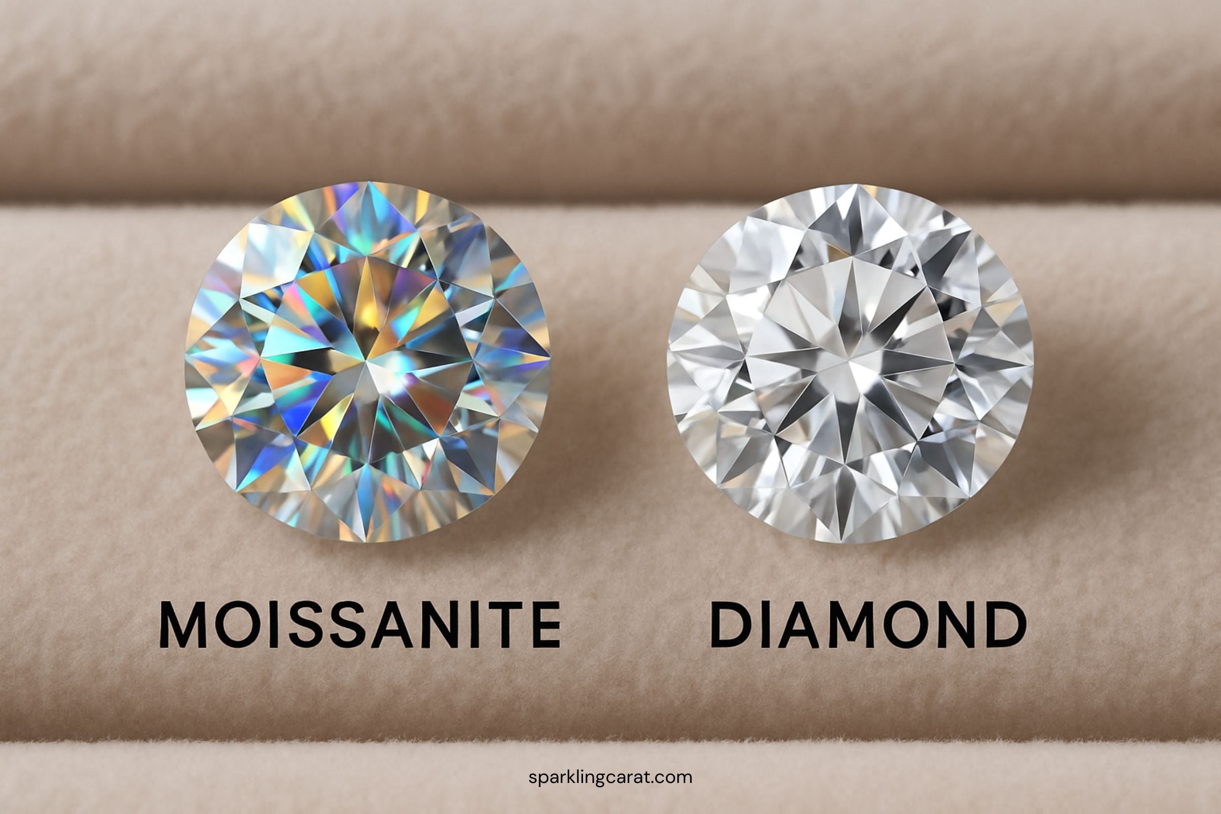 Side-by-side comparison of moissanite and diamond gemstones on a jewelry velvet background, showcasing their sparkle and clarity.