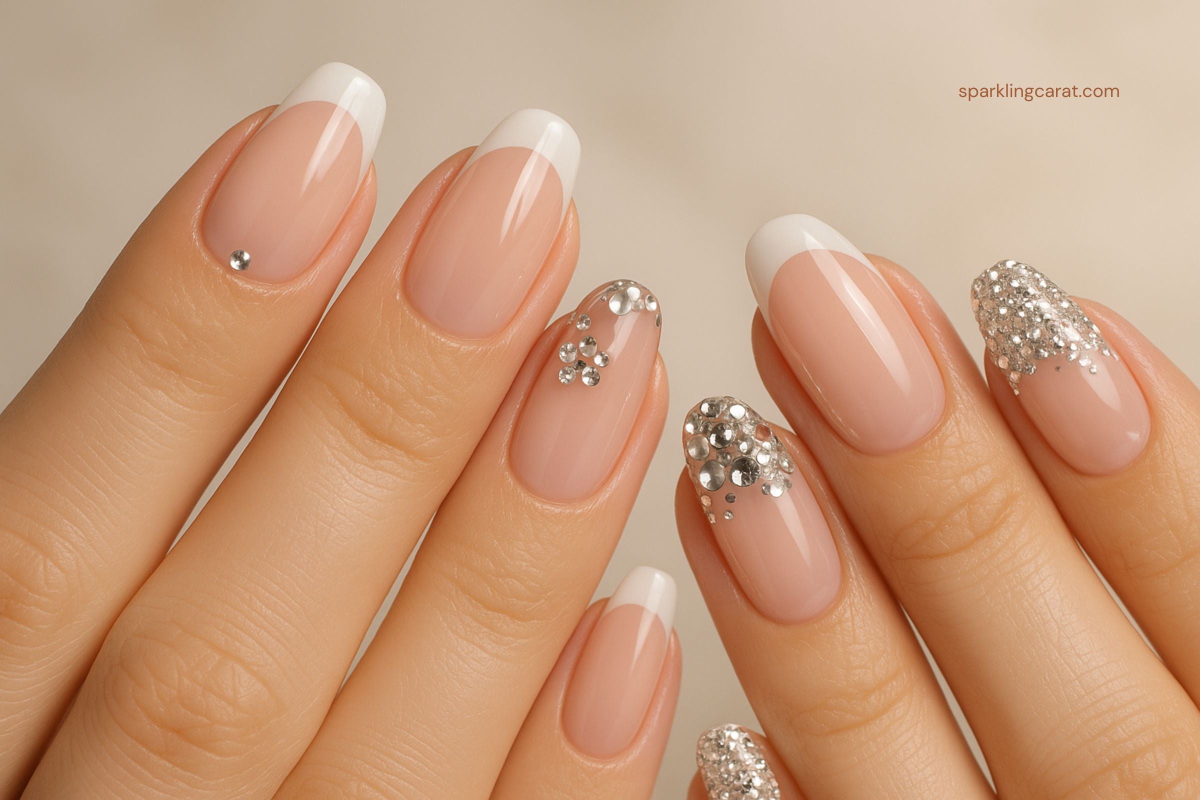 Four styles of rhinestone French manicures: single-stone accent, floral rhinestone tips, mixed-metal embellishments, full rhinestone bedazzle.