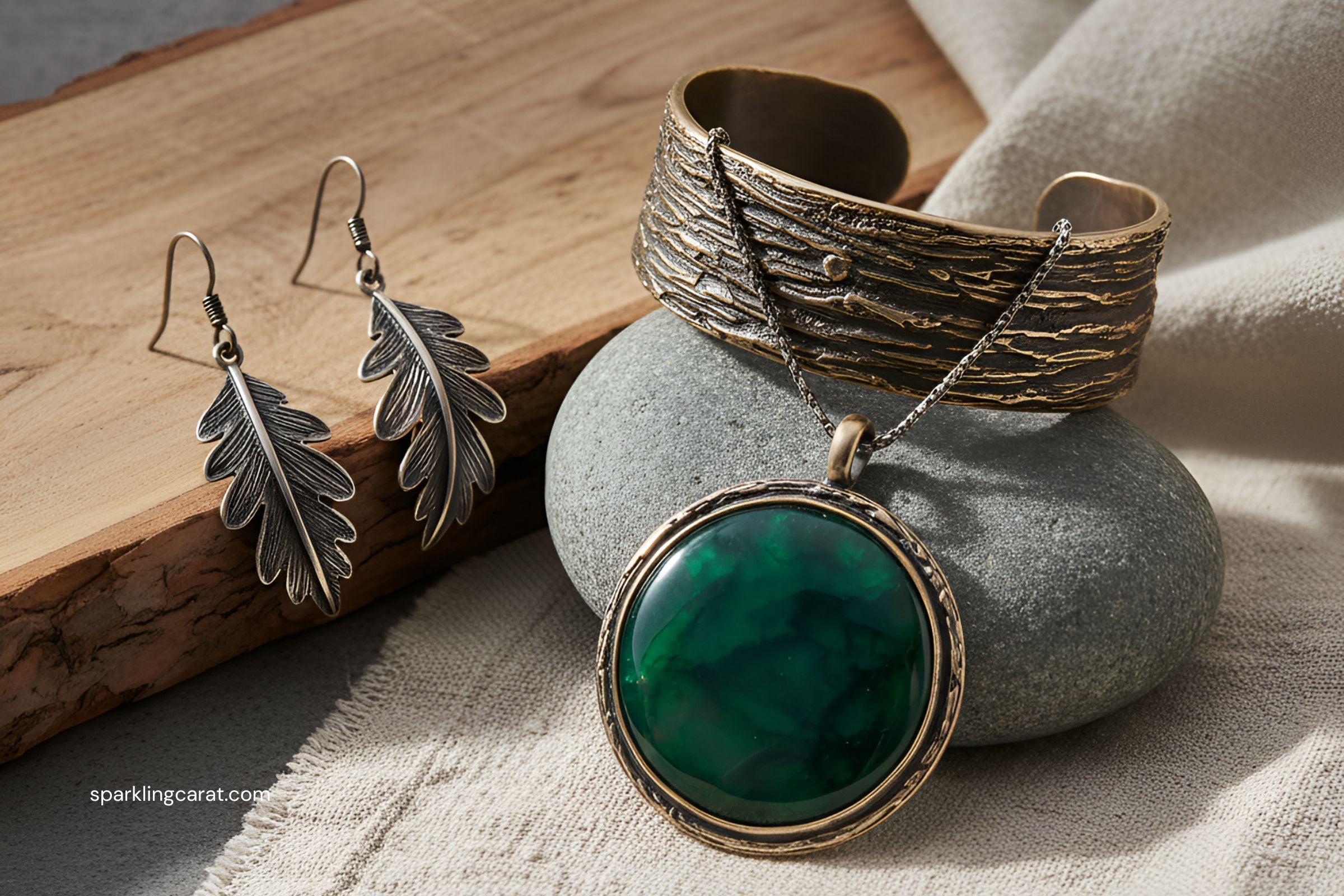 Leaf motif earrings, bark-texture cuff bracelet, earth-tone stone pendant – nature-inspired jewelry styles.