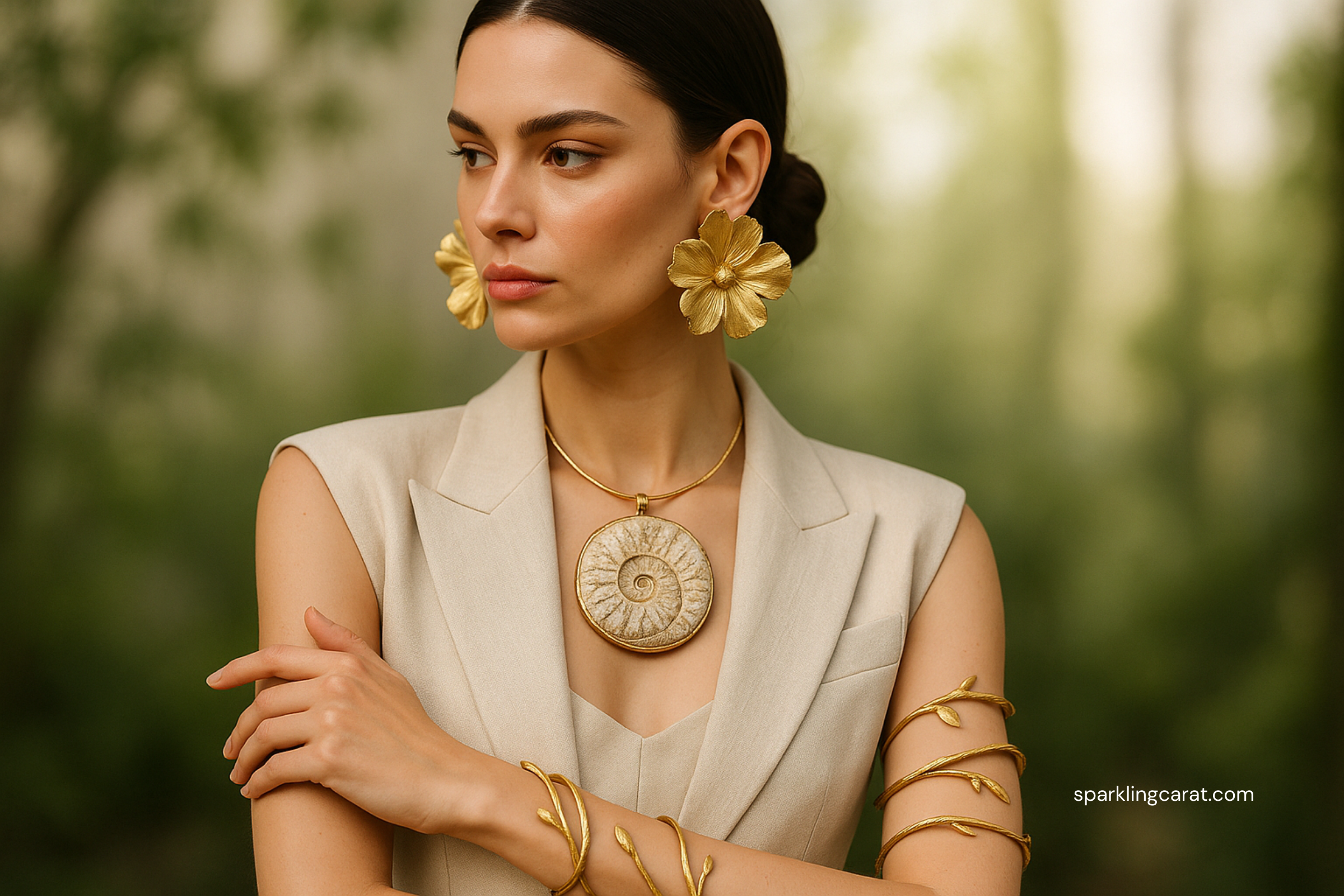 Jewelry flat lay featuring floral, fossil, and organic-inspired designs.