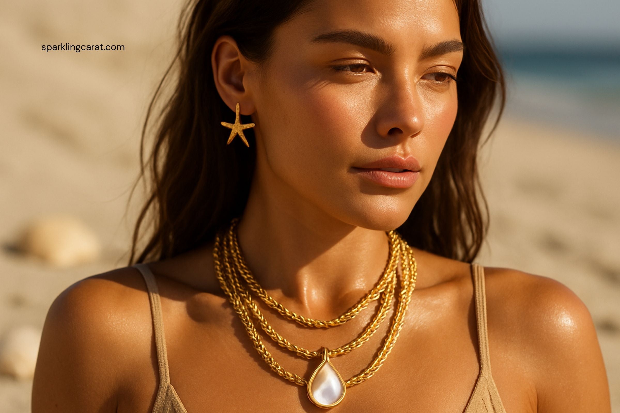 Model wearing layered rope chain and shell motif jewelry for summer 2025.