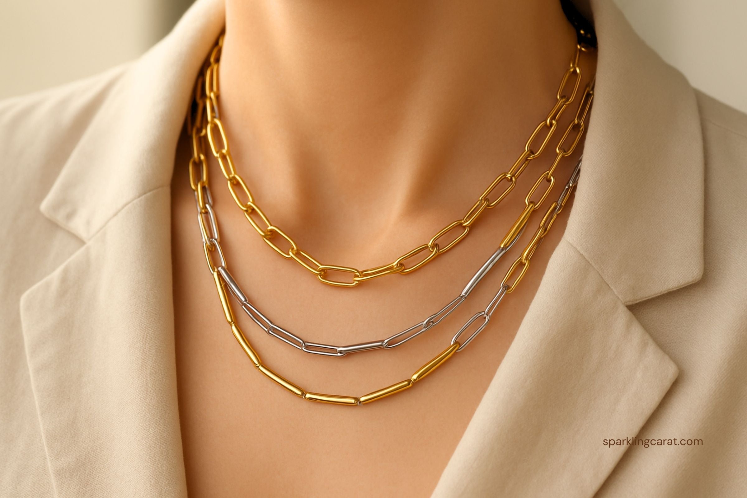 Gold and silver paper-clip and tube chain necklaces layered over a beige silk blouse.
