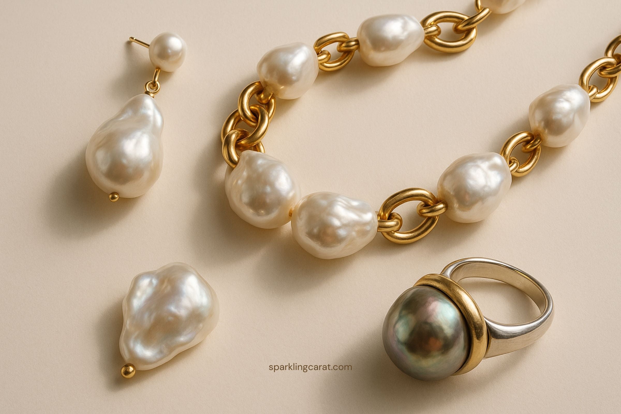 Three modern pearl jewelry pieces: asymmetric pearl earring, baroque pearl chain necklace, colored baroque pearl mixed-metal ring.