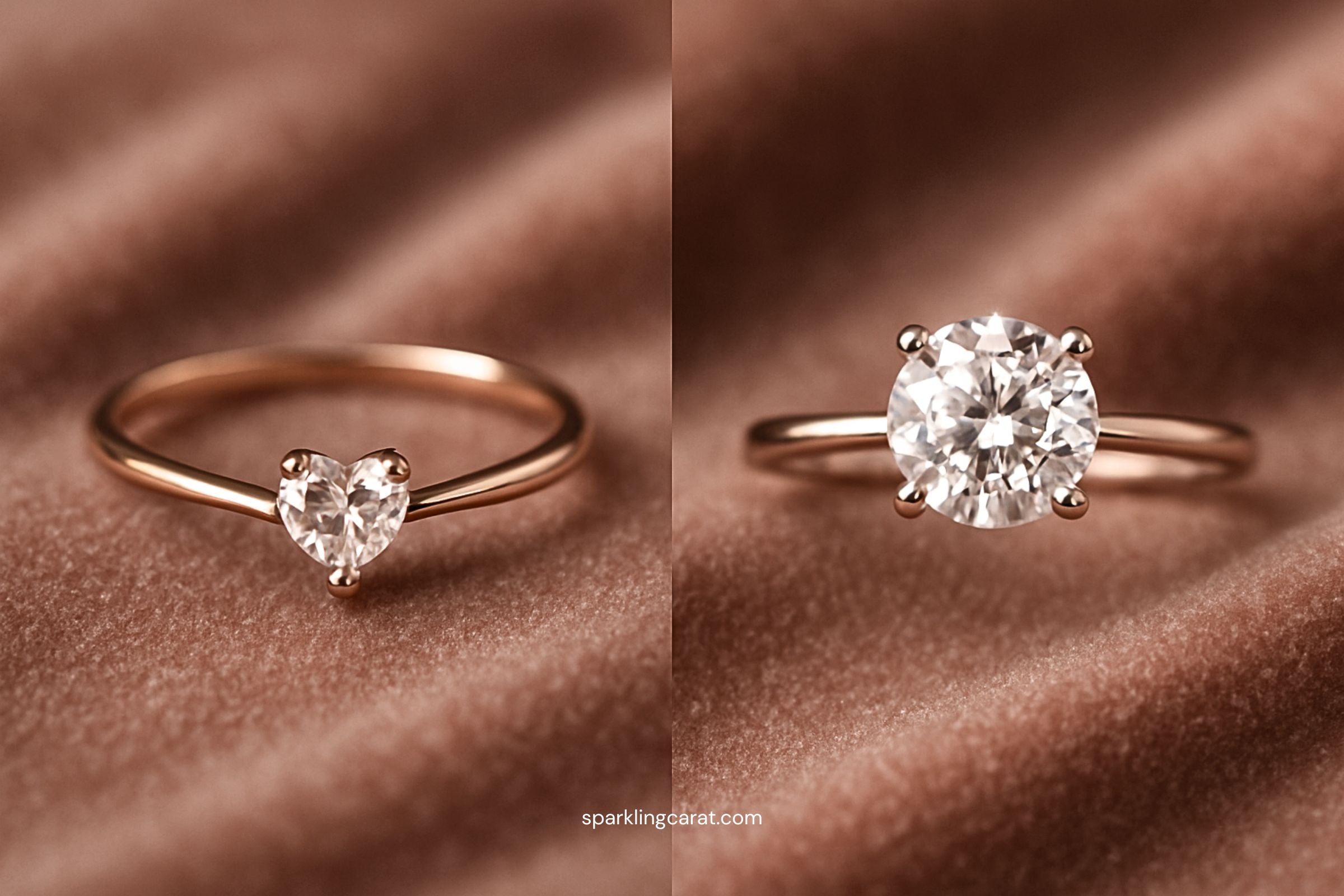 Side-by-side comparison of a heart-shaped promise ring and solitaire diamond engagement ring on velvet fabric.