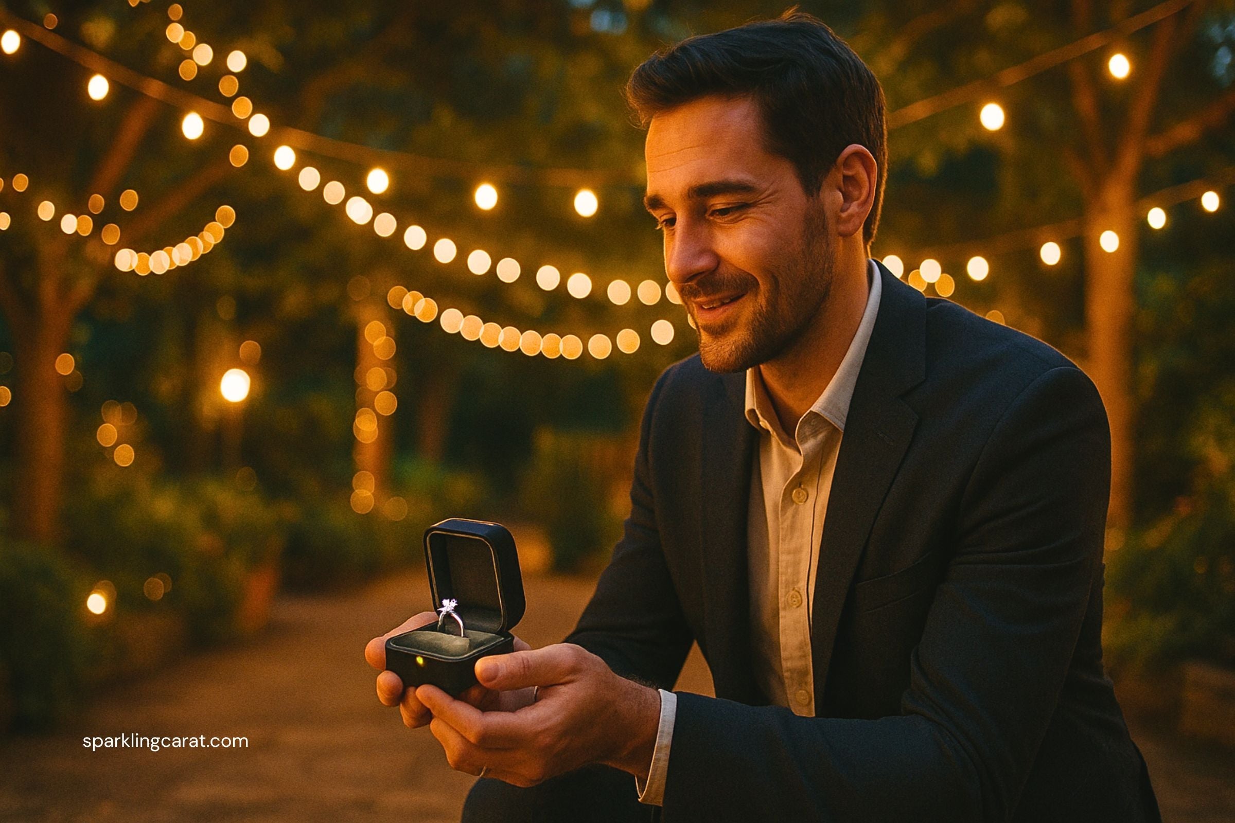 Romantic engagement proposal with a man holding an open ring box in a glowing evening outdoor setting.