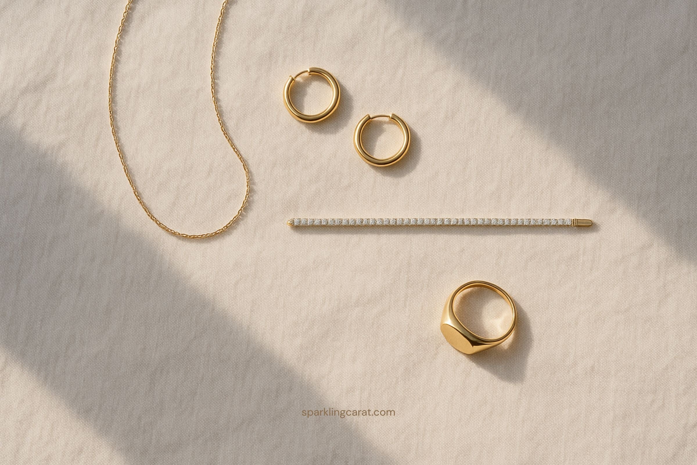 Quiet luxury jewelry including minimalist gold necklace, thin bracelet, and classic rings on a neutral fabric surface.
