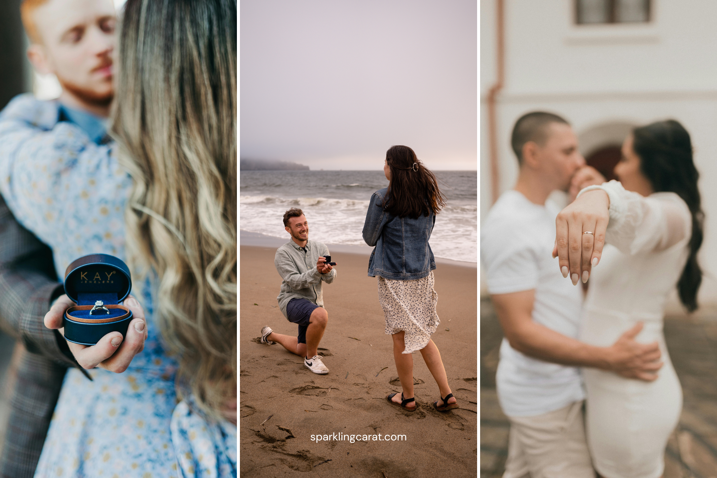 A collage of three couples celebrating love with Sparkling Carat rings: a proposal under the Northern Lights, a 10-year vow renewal, and a long-distance engagement with a hidden gem ring.