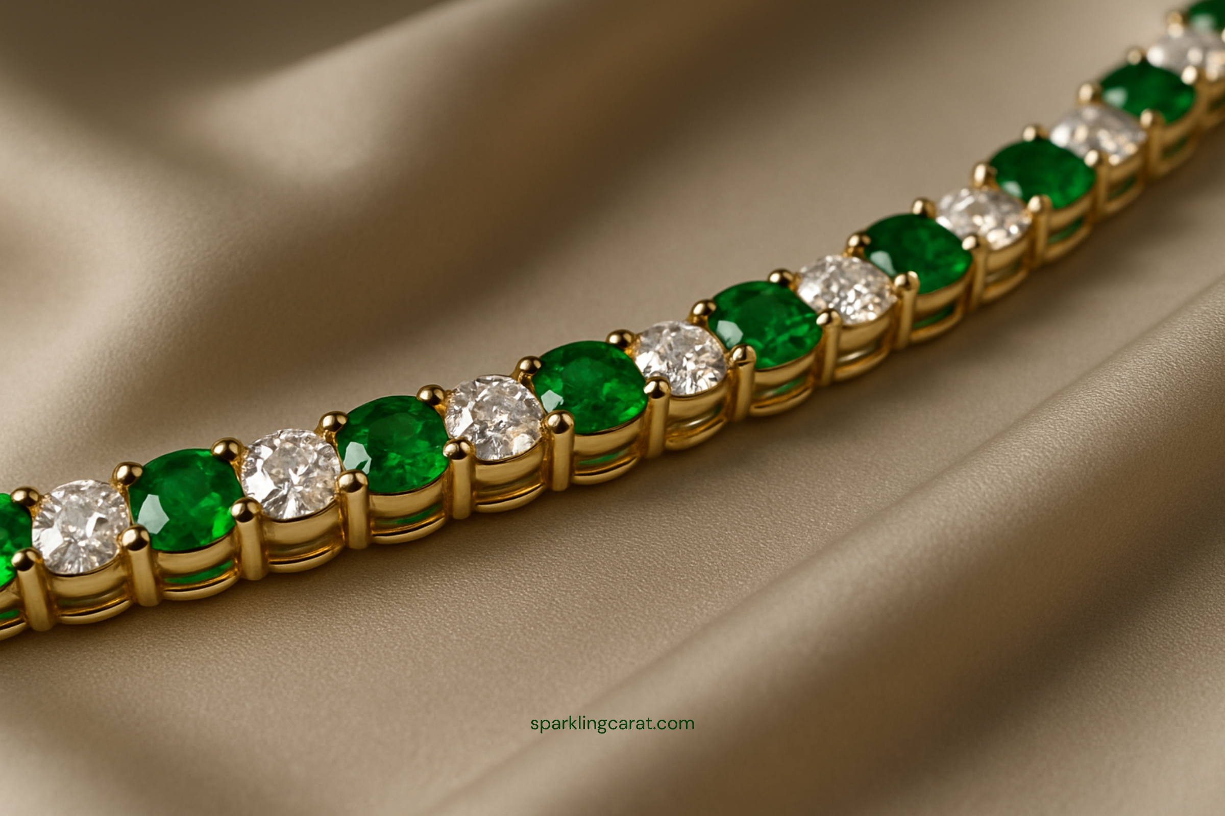 Rivière tennis bracelet with emeralds and diamonds in yellow gold.