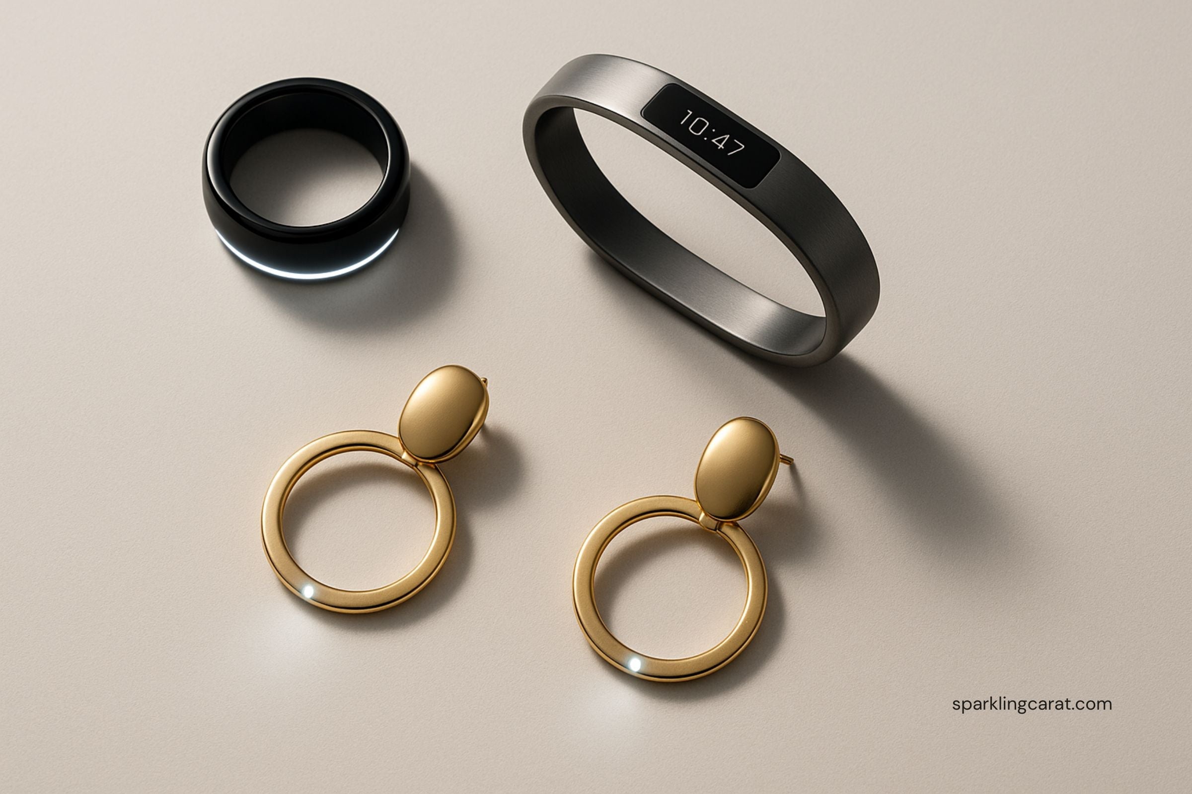 Modern smart jewelry pieces including a smart ring, bracelet, and earrings with subtle tech design on a sleek white surface.